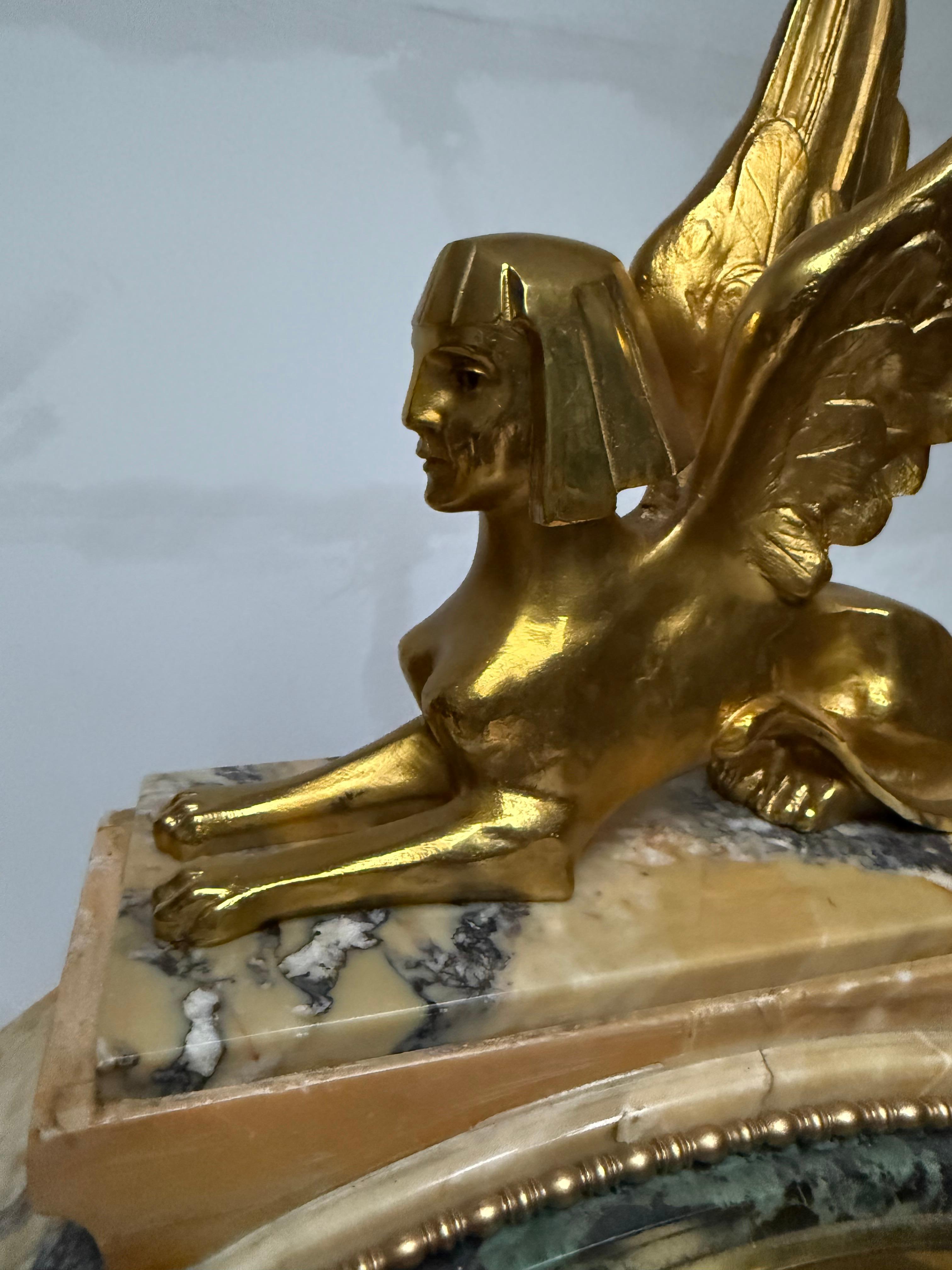 Polished Art Deco Gilt Bronze & Marble Mantel Clock w. Sphinx & Pharaohs Egyptian Revival For Sale