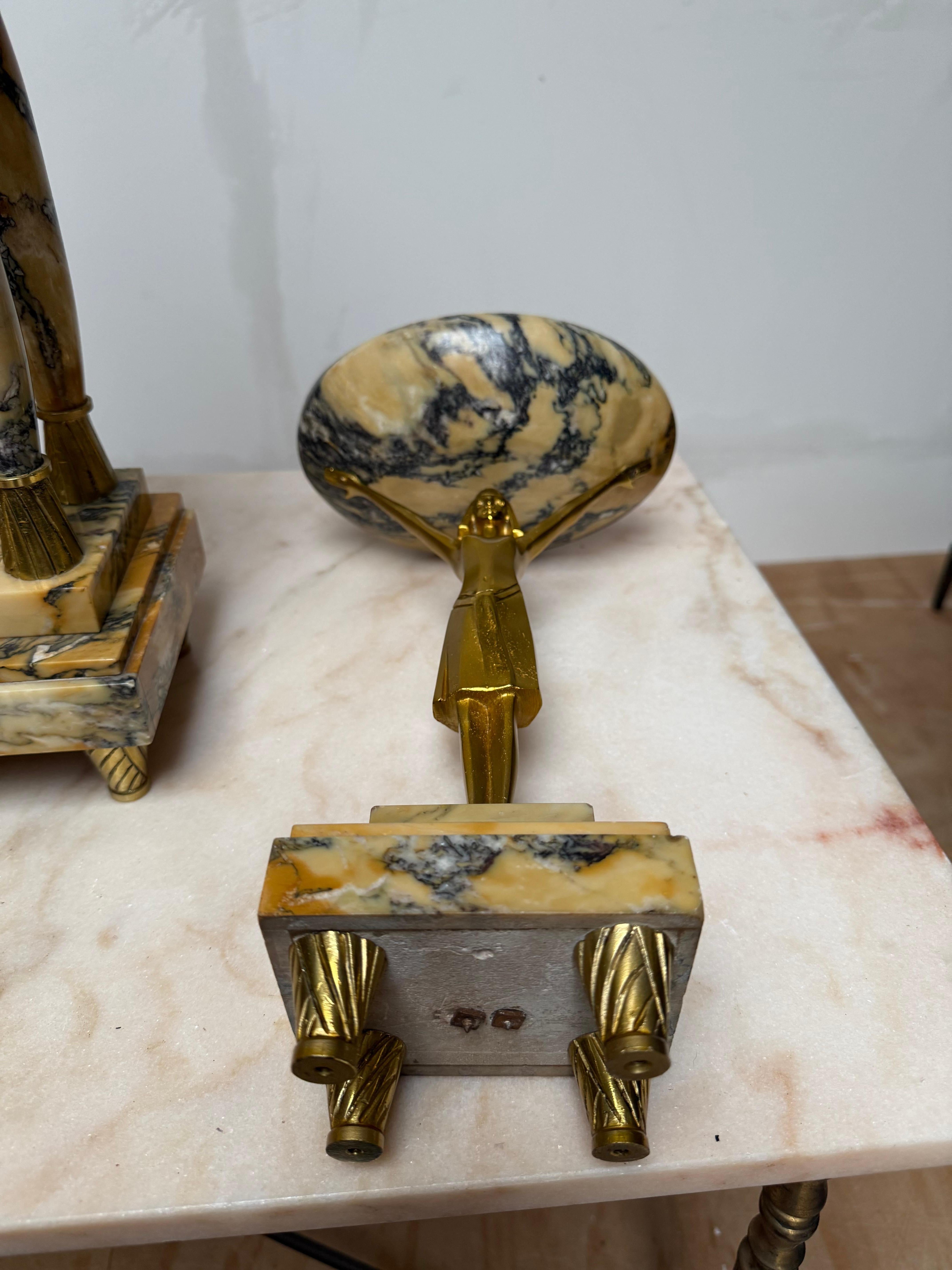 20th Century Art Deco Gilt Bronze & Marble Mantel Clock w. Sphinx & Pharaohs Egyptian Revival For Sale