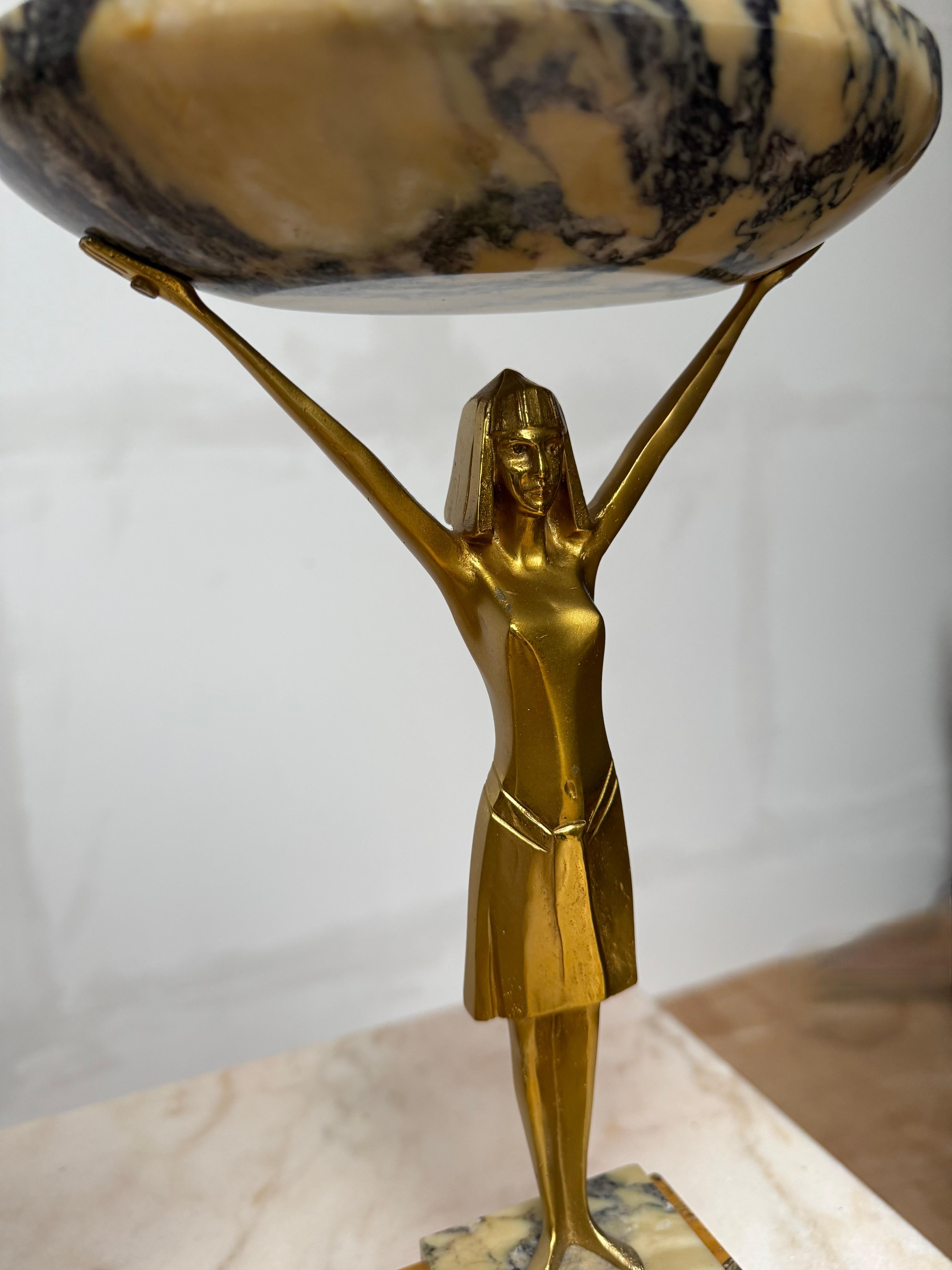 Plaster Art Deco Gilt Bronze & Marble Mantel Clock w. Sphinx & Pharaohs Egyptian Revival For Sale