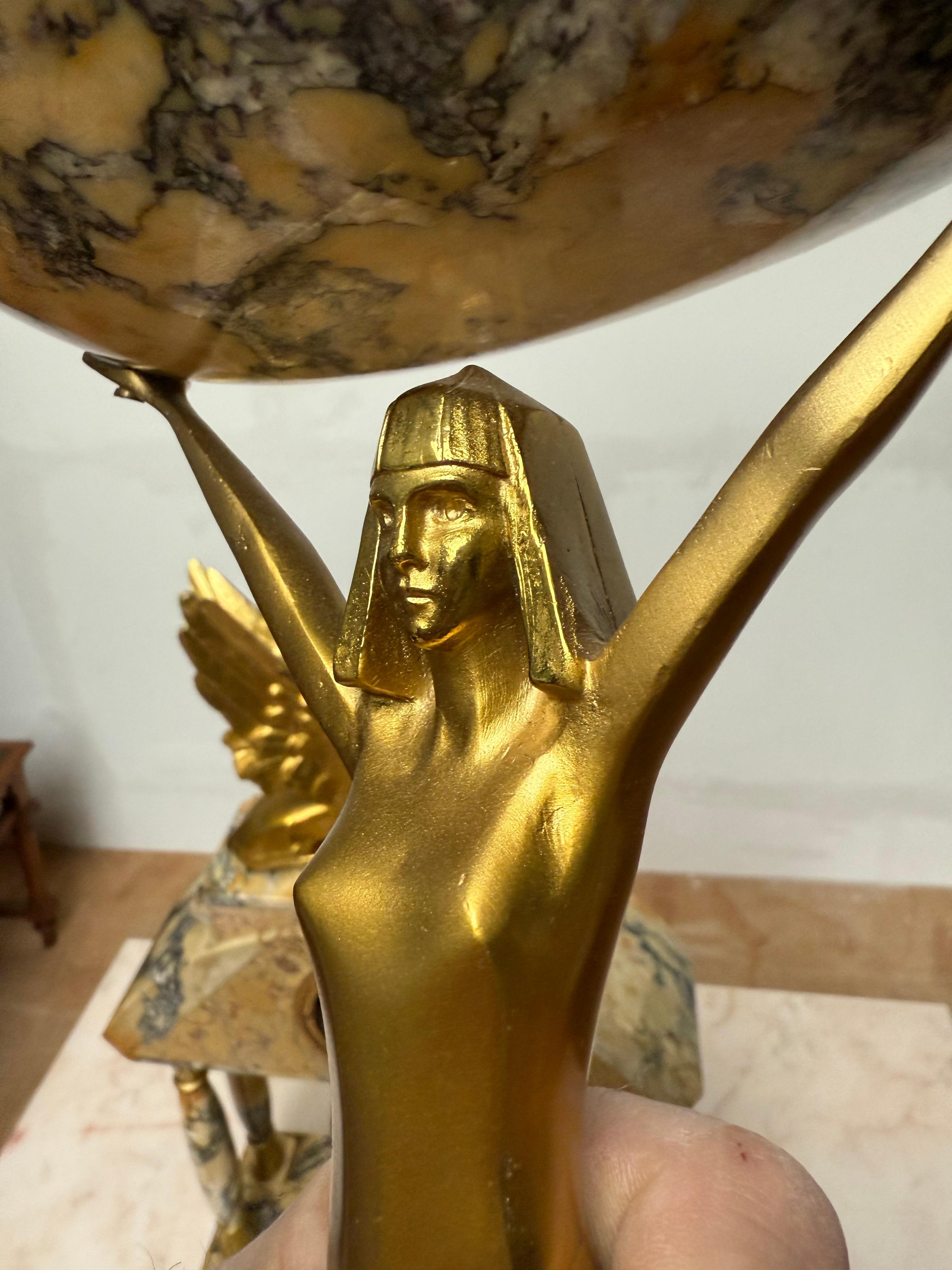 Art Deco Gilt Bronze & Marble Mantel Clock w. Sphinx & Pharaohs Egyptian Revival For Sale 1