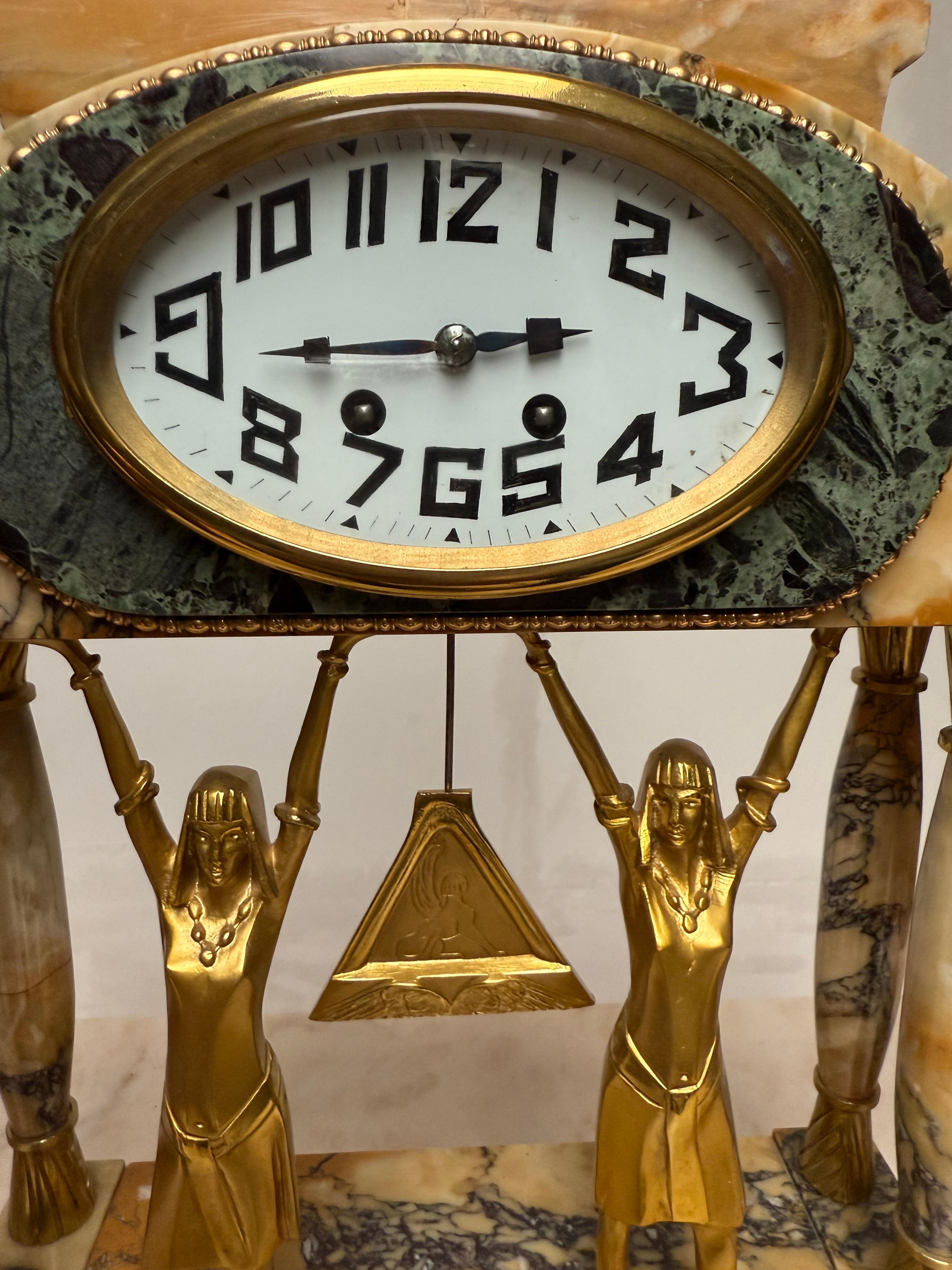 Art Deco Gilt Bronze & Marble Mantel Clock w. Sphinx & Pharaohs Egyptian Revival For Sale 2