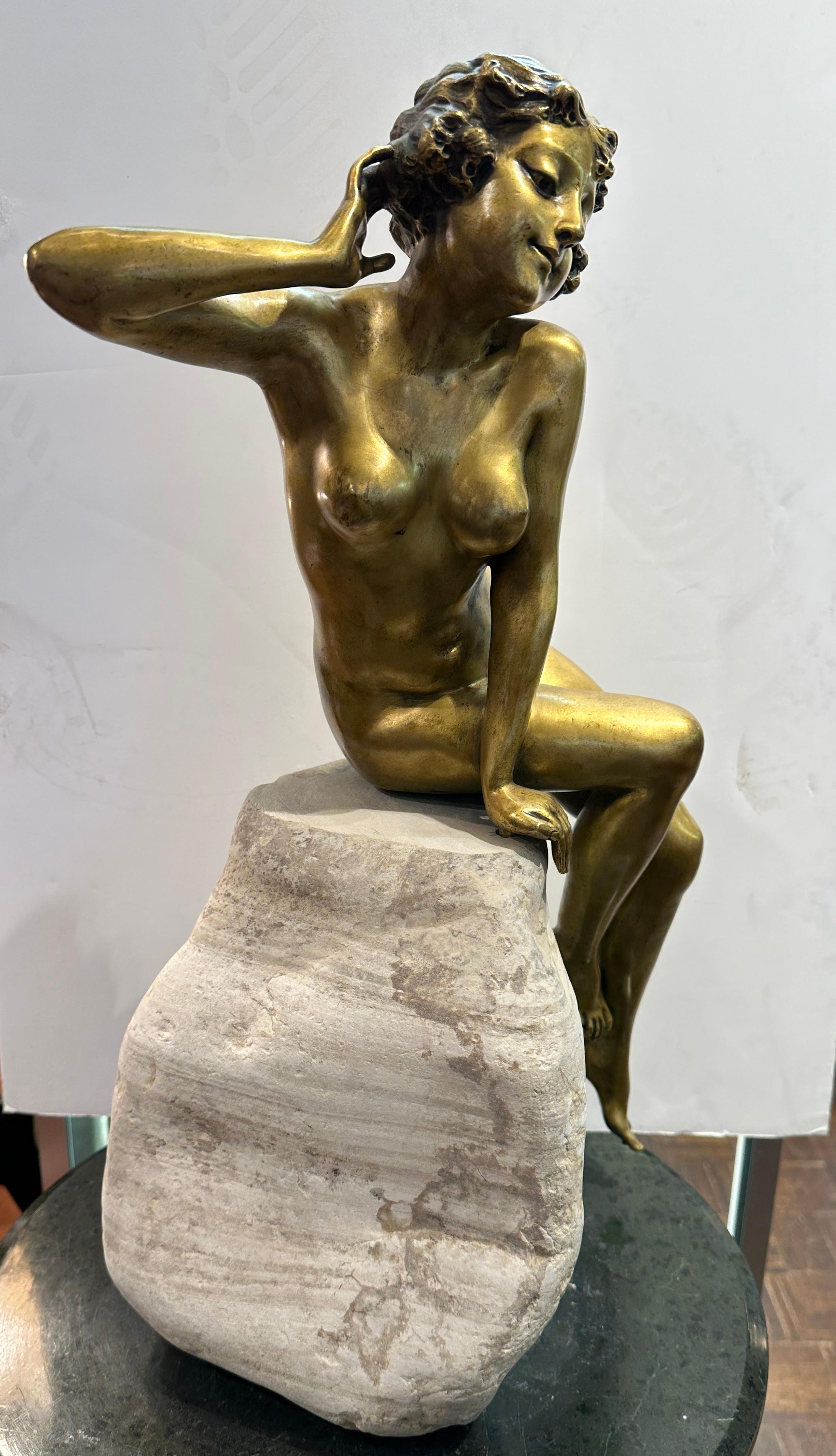 Cast Art Deco Gilt Bronze Nude Sculpture  For Sale