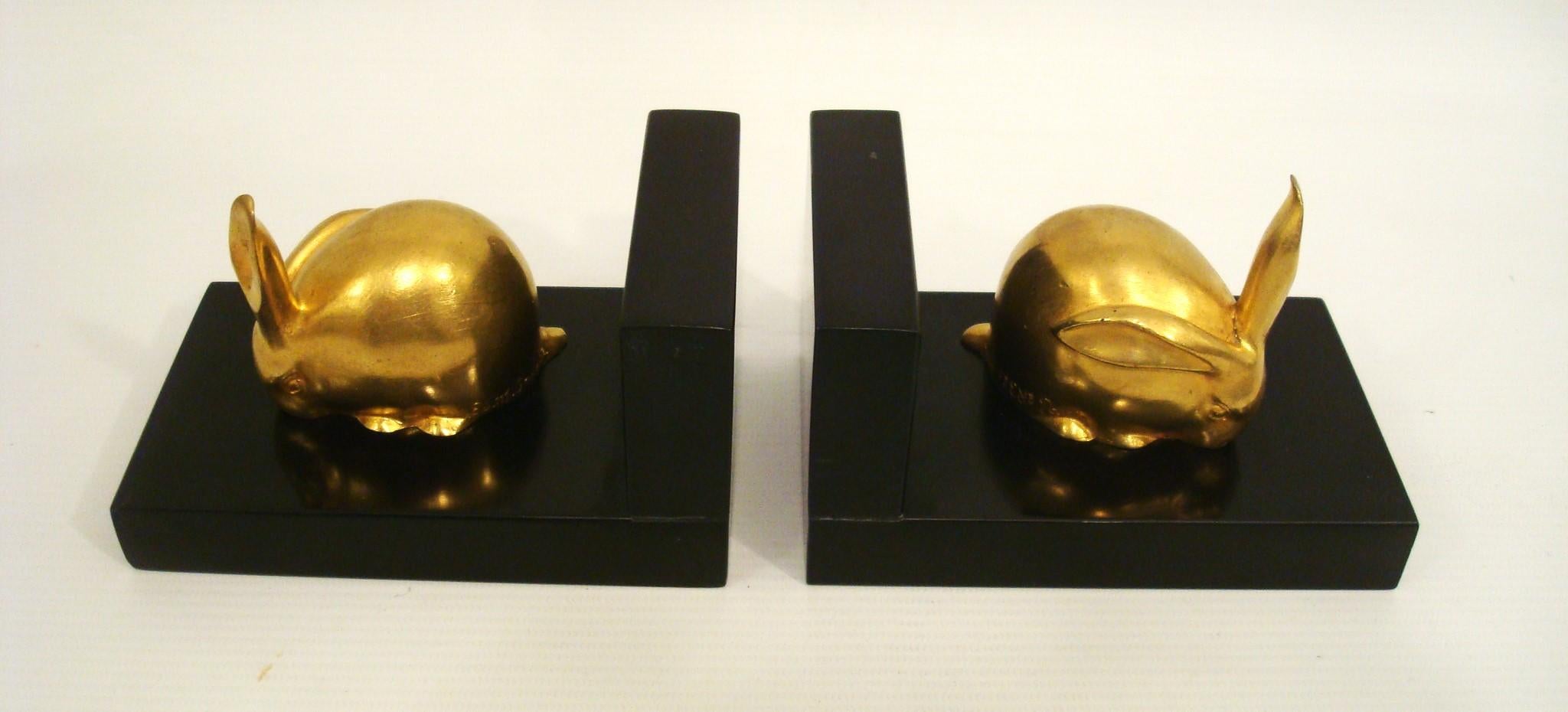 French Art Deco Gilt Bronze Rabbit Bookends, Edouard-Marcel Sandoz For Sale