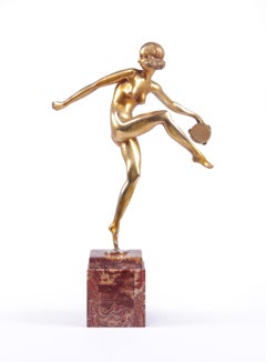 Art Deco Gilt Bronze Sculpture “Tamborine Dancer” by Feguays c1925