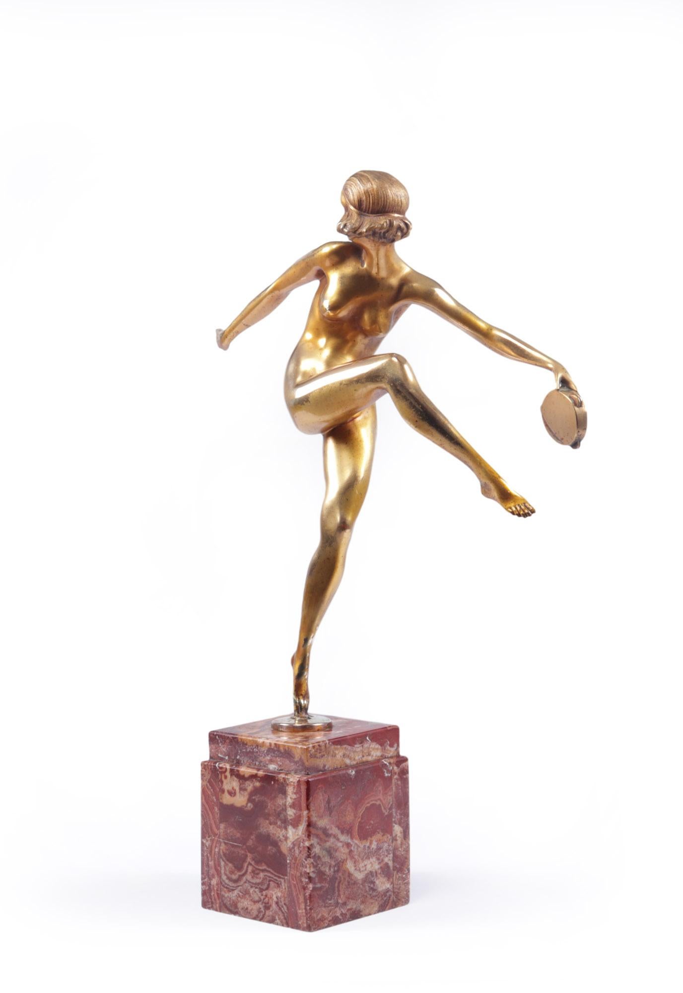 French Art Deco Gilt Bronze Sculpture “Tamborine Dancer” by Feguays c1925