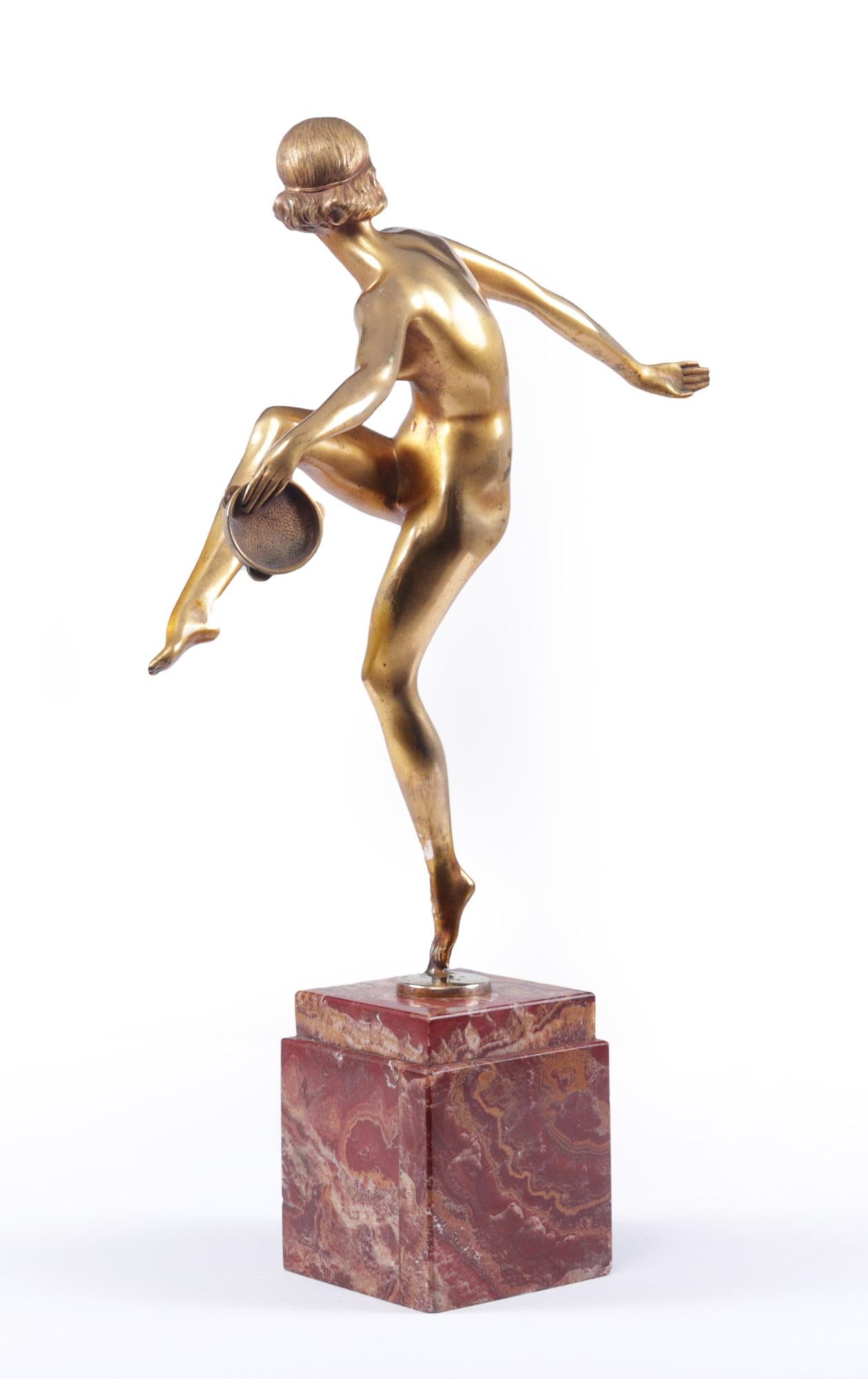 Early 20th Century Art Deco Gilt Bronze Sculpture “Tamborine Dancer” by Feguays c1925