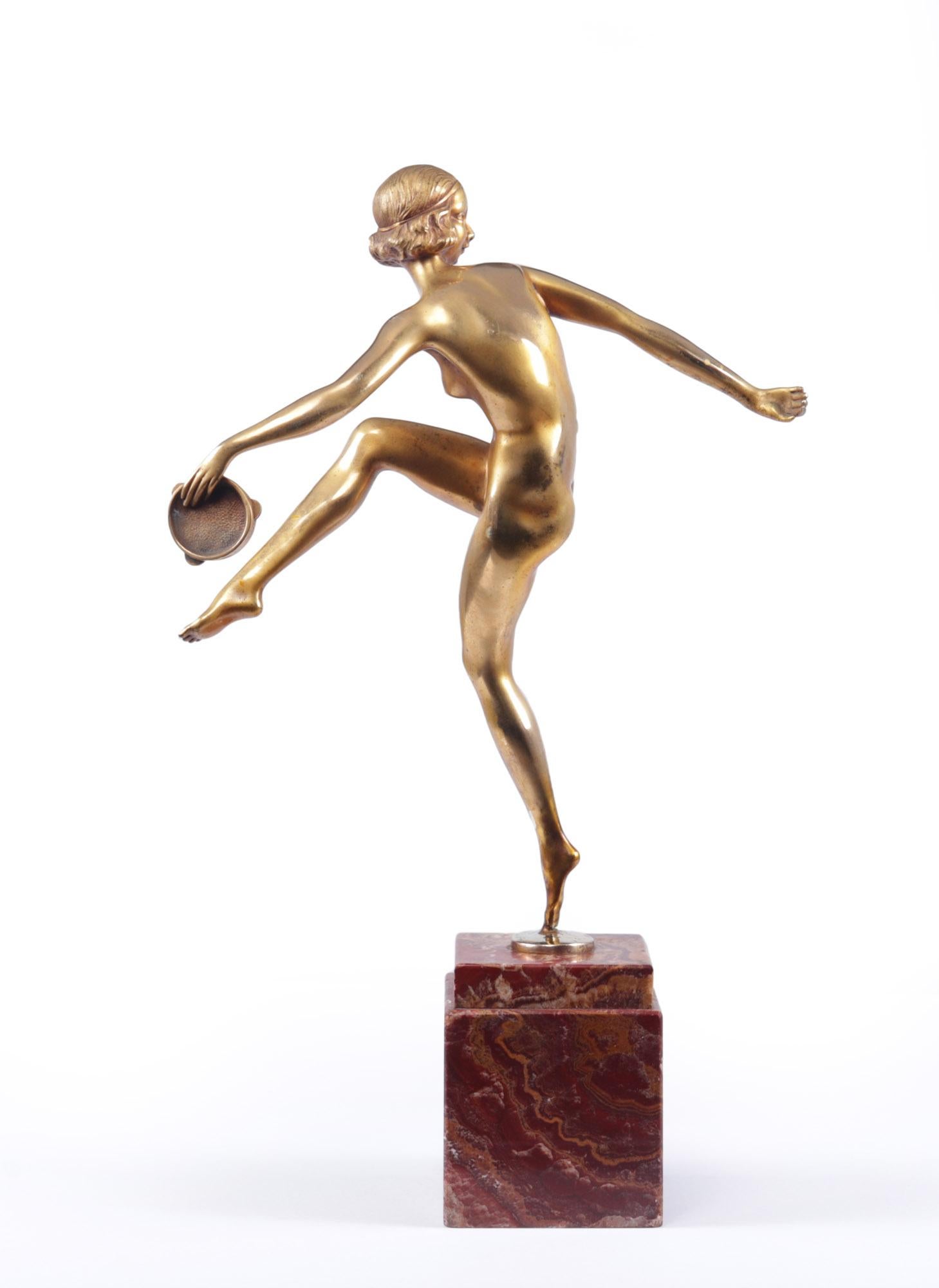 Art Deco Gilt Bronze Sculpture “Tamborine Dancer” by Feguays c1925 1