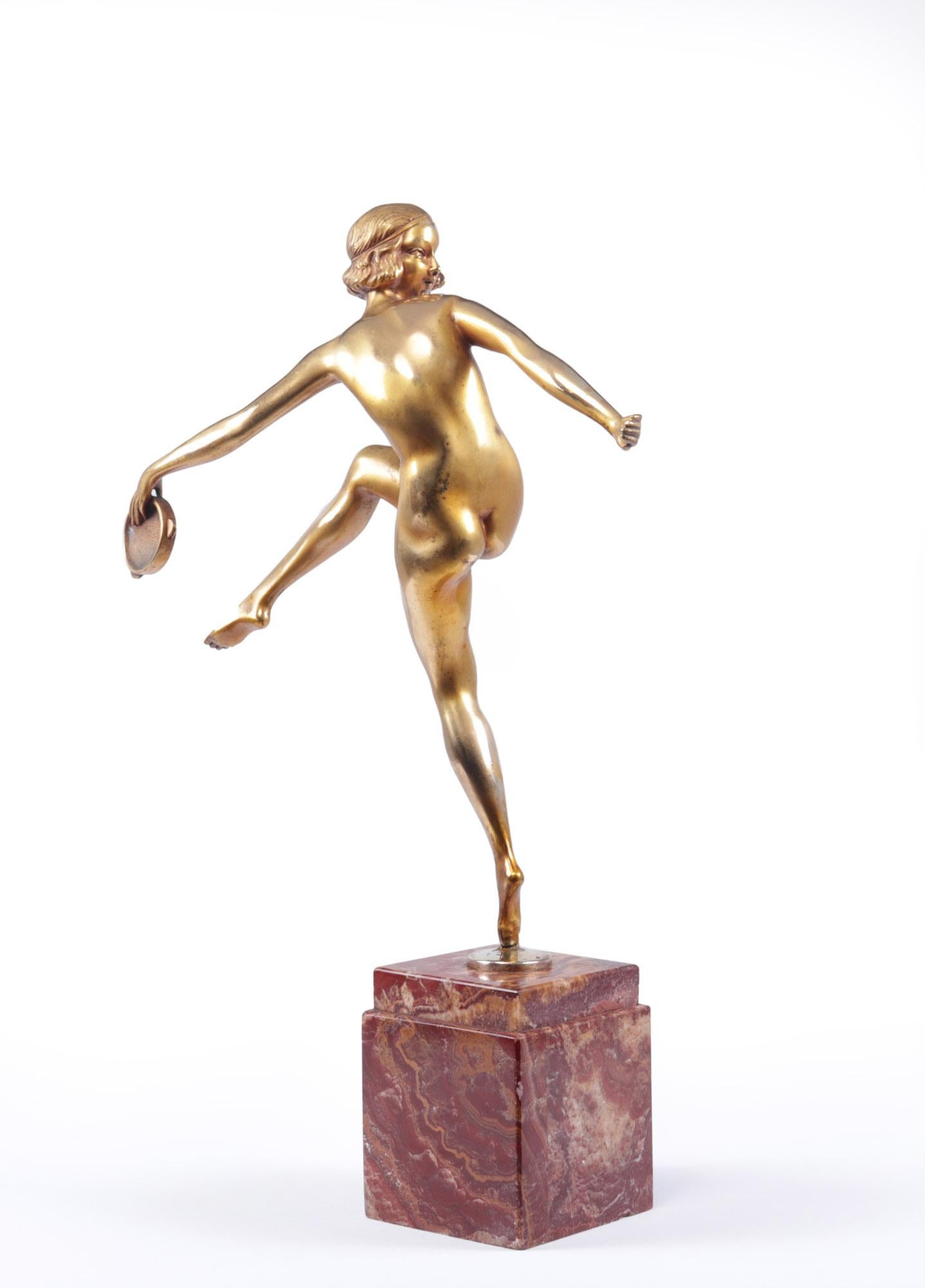 Art Deco Gilt Bronze Sculpture “Tamborine Dancer” by Feguays c1925 2