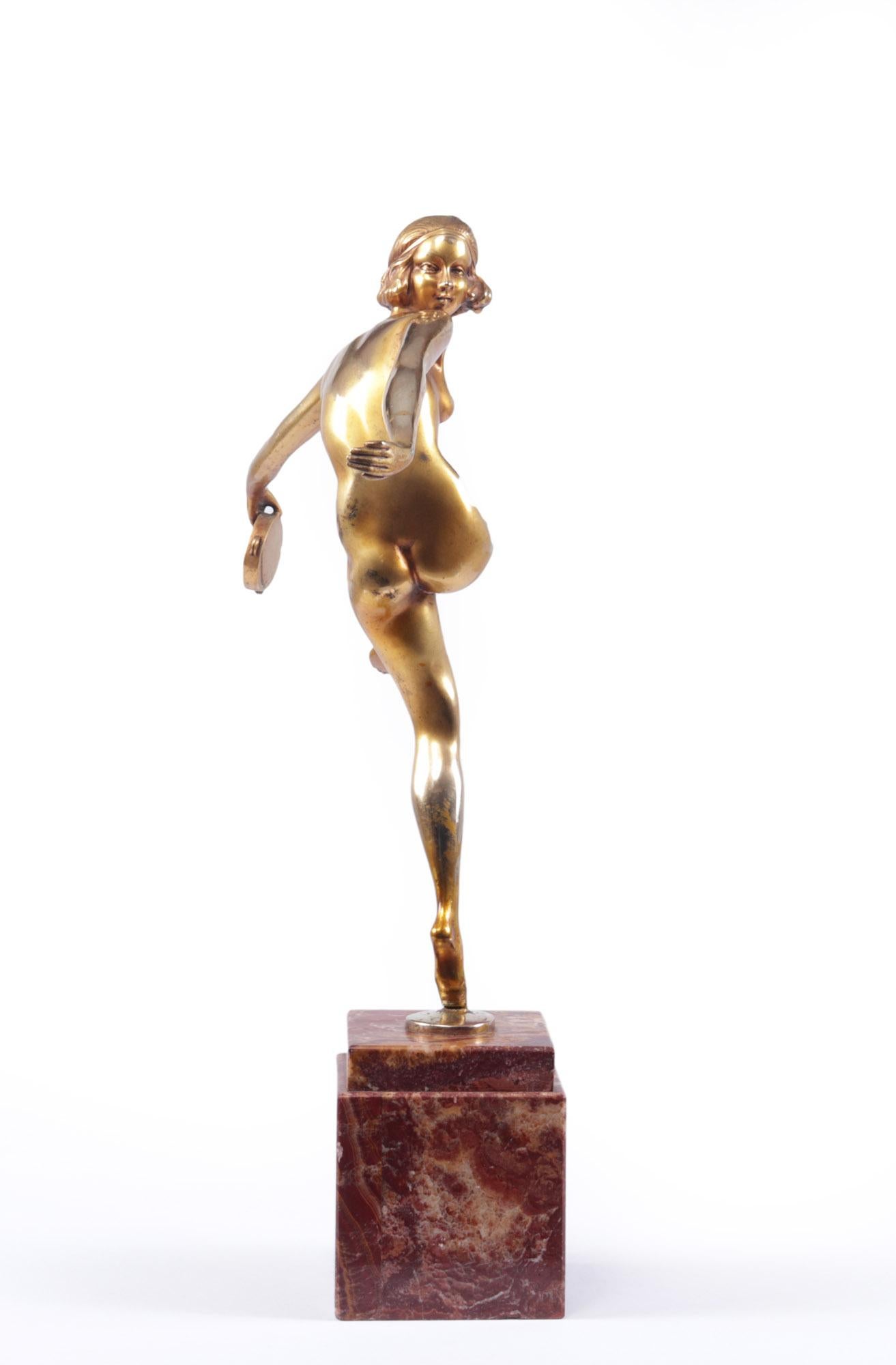 Art Deco Gilt Bronze Sculpture “Tamborine Dancer” by Feguays c1925 3