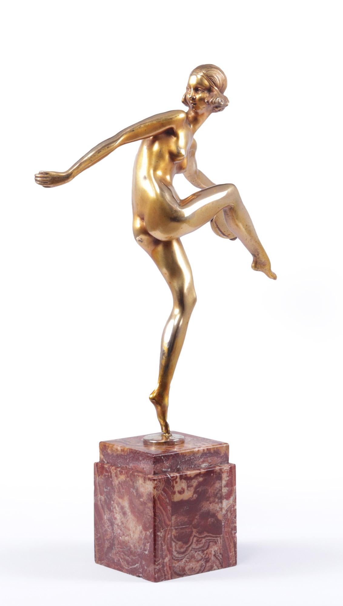 Art Deco Gilt Bronze Sculpture “Tamborine Dancer” by Feguays c1925 4