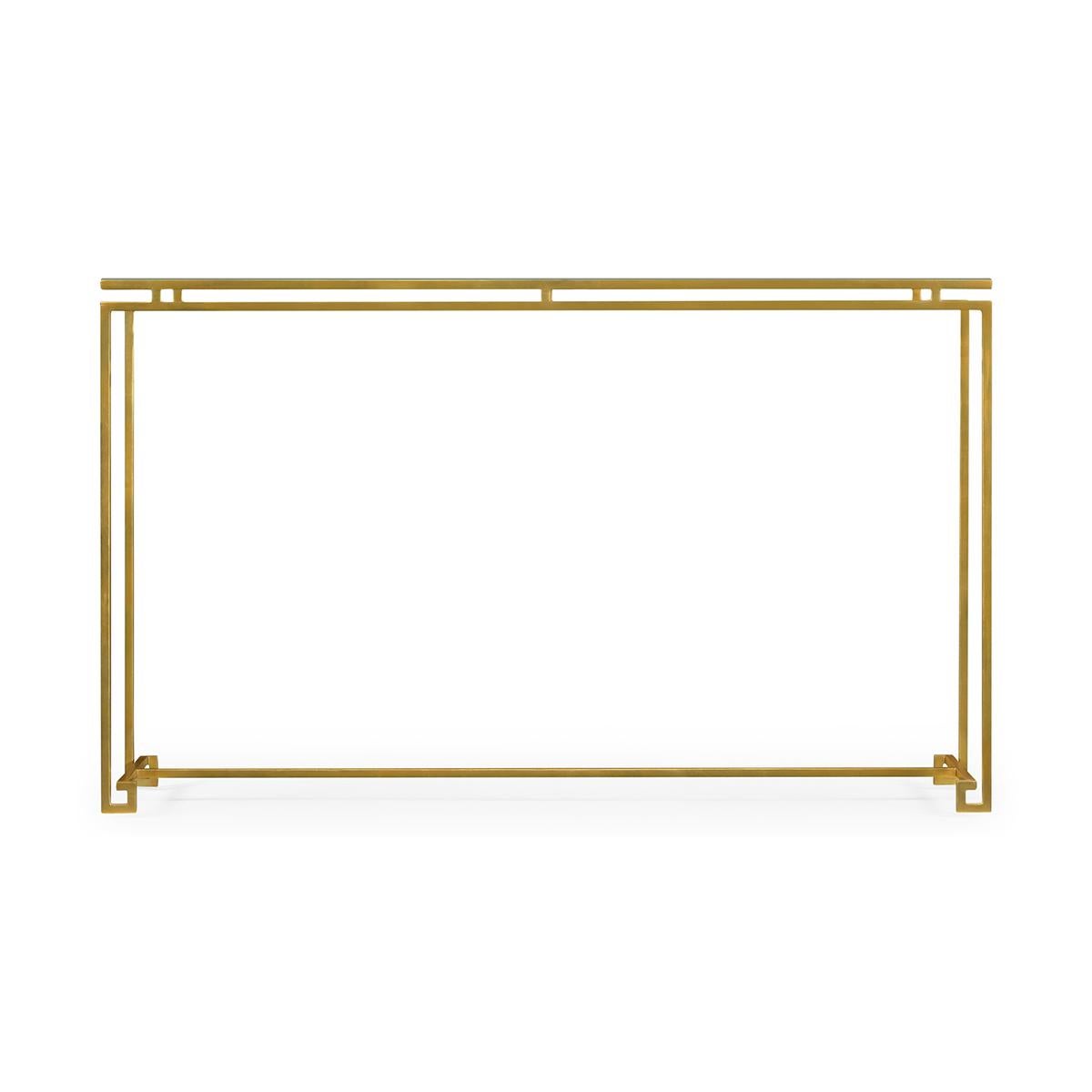 Console Art Déco en fer doré avec une base à motif de clé grecque et un plateau en verre flottant.

Dimensions : 55