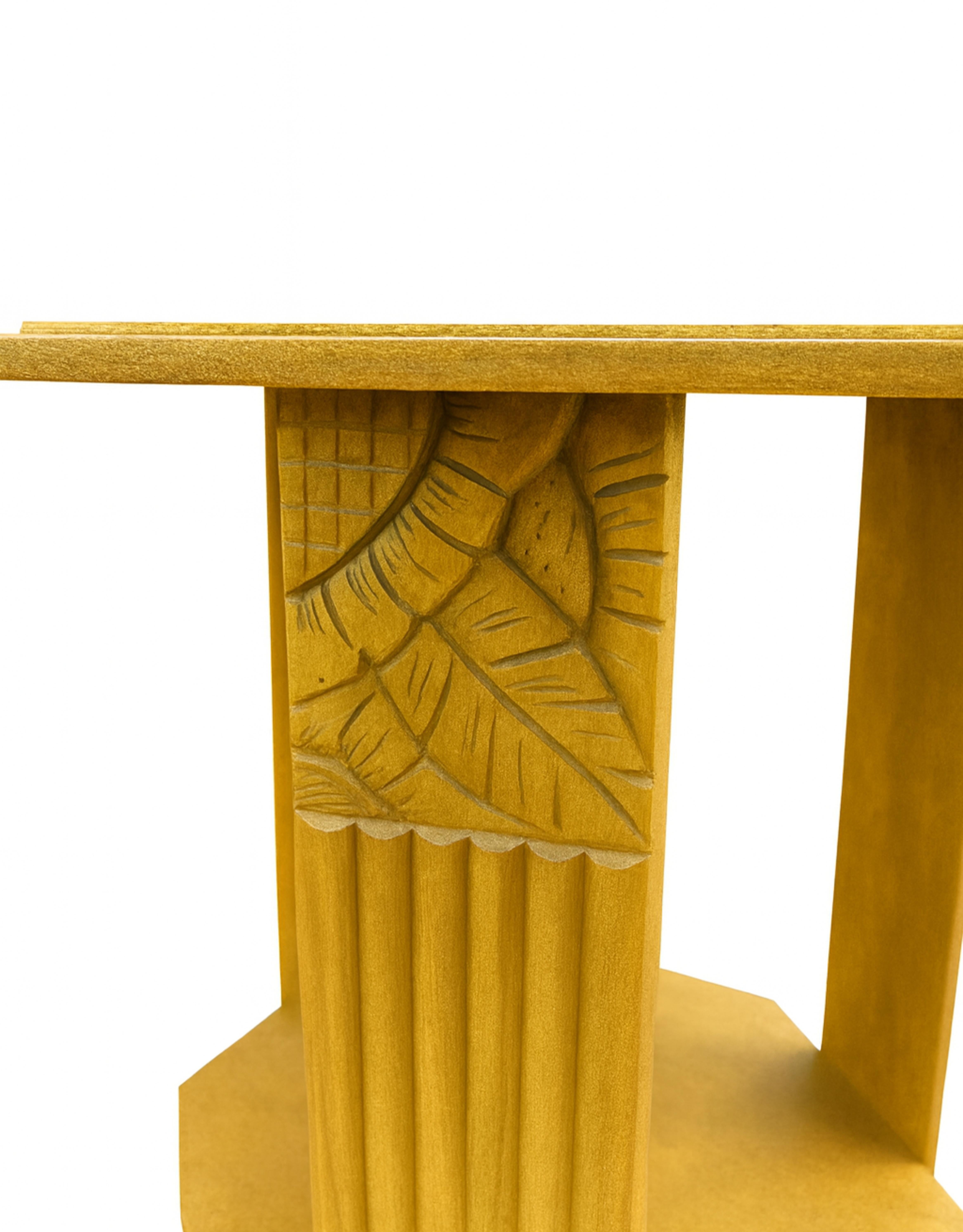This refined hexagonal art deco gilt golden pedestal table piece blends form and function with effortless grace. Whether styled as a side table, accent stand, or console, its lustrous finish and minimalist silhouette bring timeless sophistication to