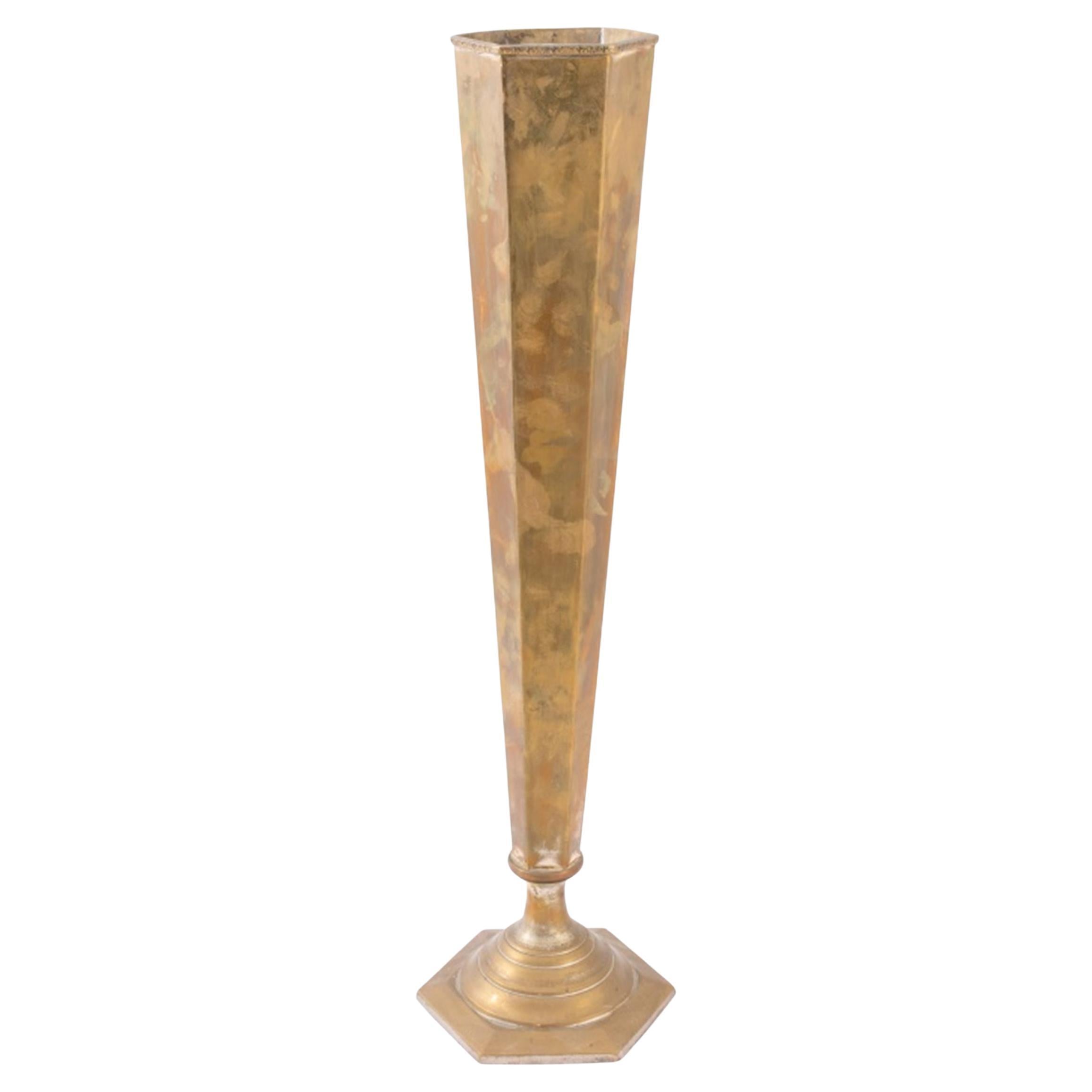 Art Deco Gilt Metal Hexagonal Floor Vase For Sale