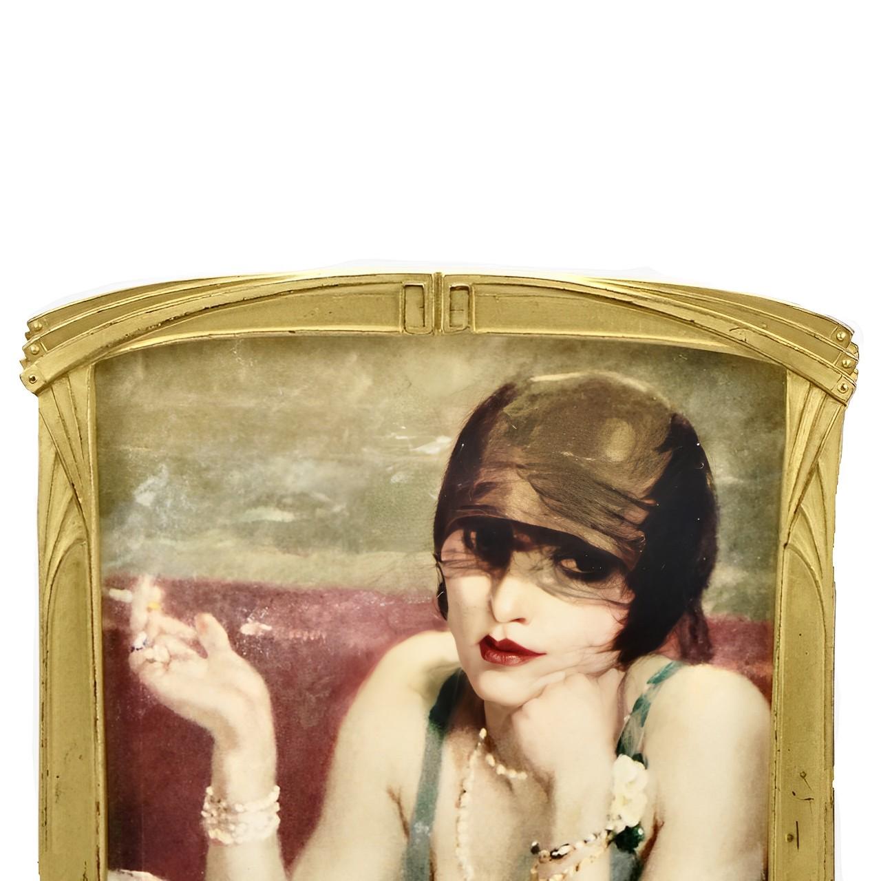 Gold Plate Art Deco Gilt Metal Picture Frame with inset Glass and Flapper Picture For Sale