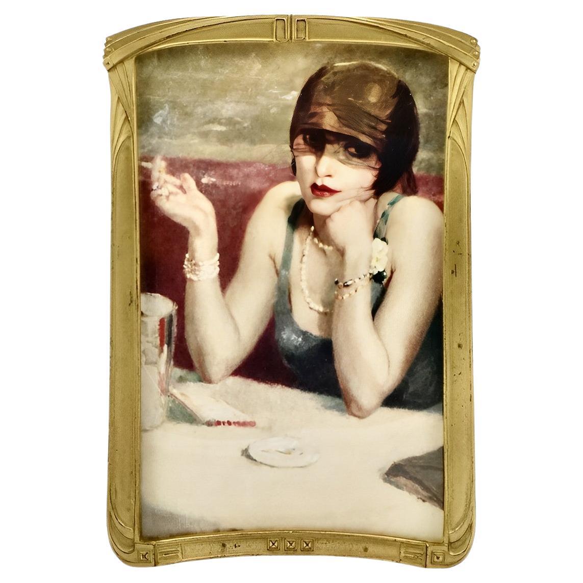 Art Deco Gilt Metal Picture Frame with inset Glass and Flapper Picture For Sale