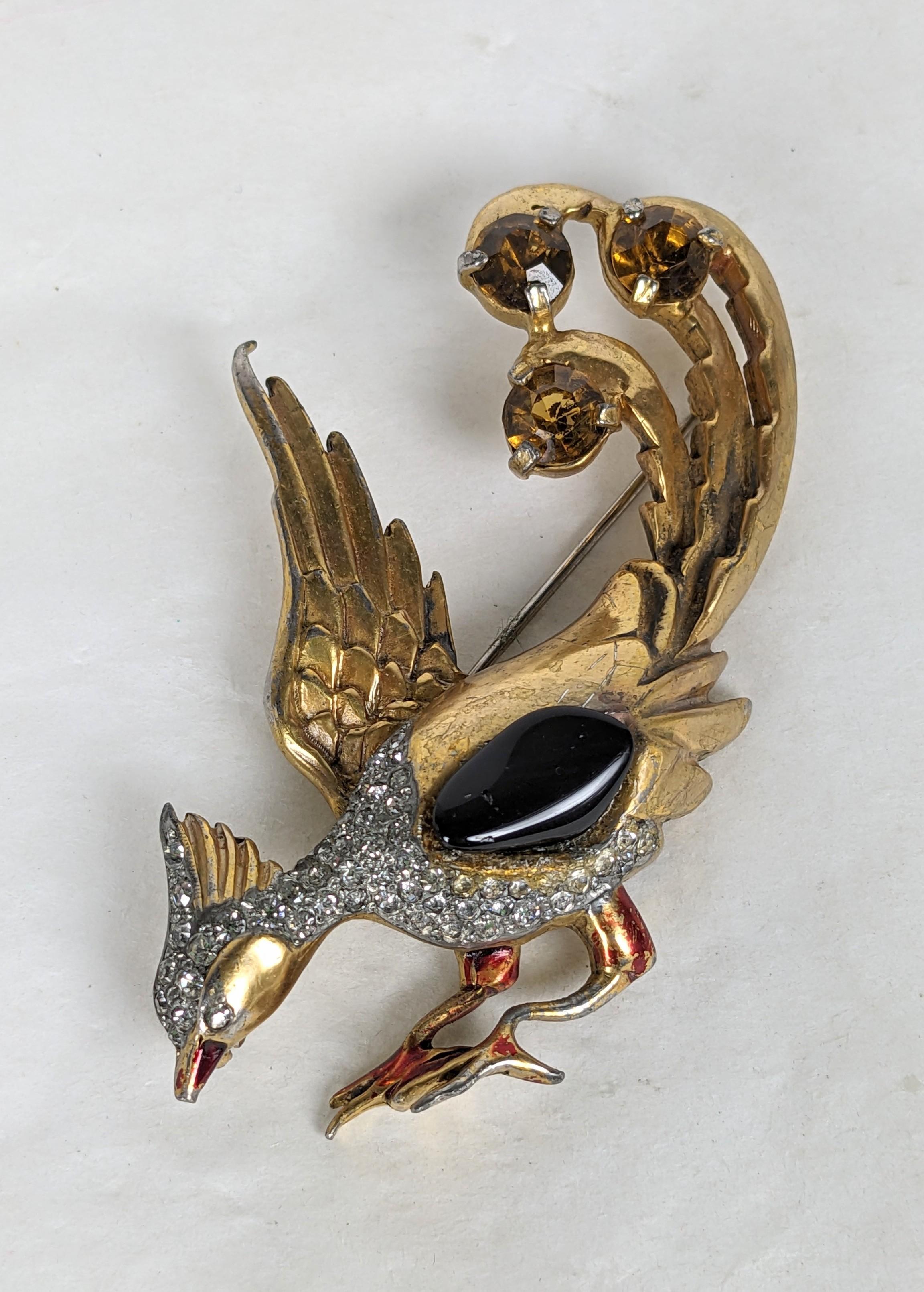 Art Deco Gilt Peacock Brooch In Good Condition For Sale In New York, NY