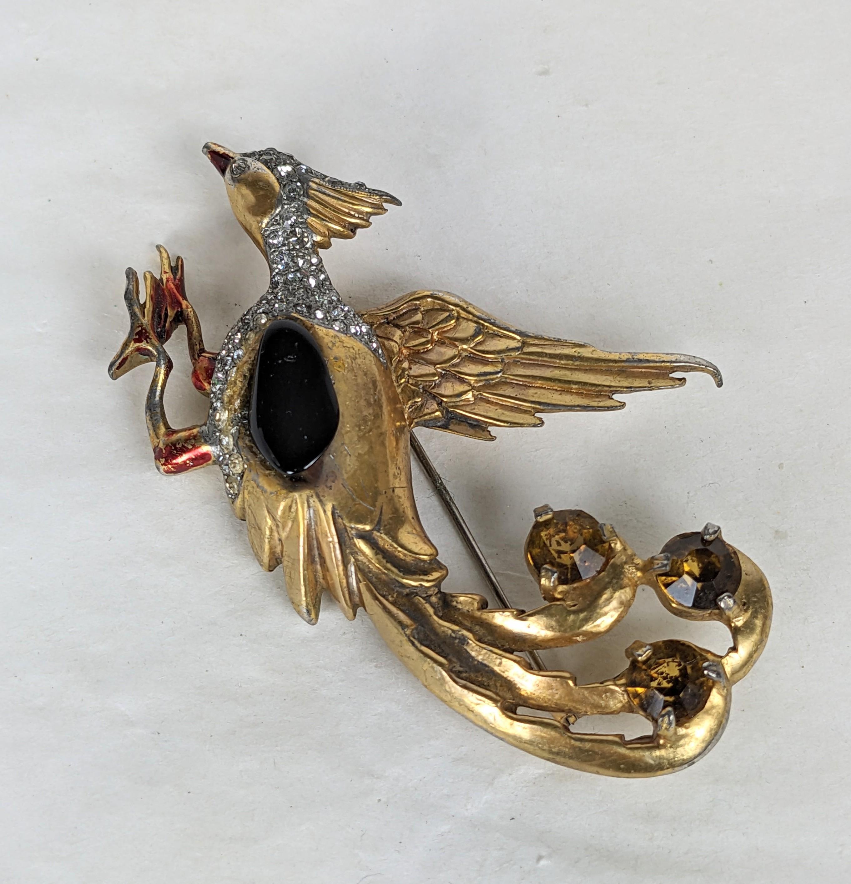 Women's or Men's Art Deco Gilt Peacock Brooch For Sale