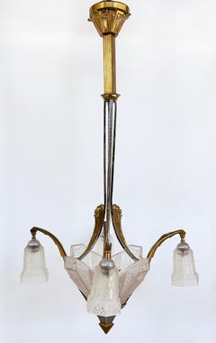 Art Deco Gilt, Silvered Bronze Chandelier, Frosted Glass Shades