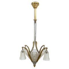 Art Deco Gilt, Silvered Bronze Chandelier, Frosted Glass Shades