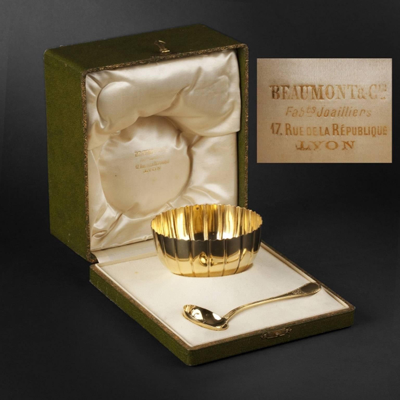 Art Deco Gilt Sterling Silver Vermeil Sugar Set in a Box Puiforcat 3