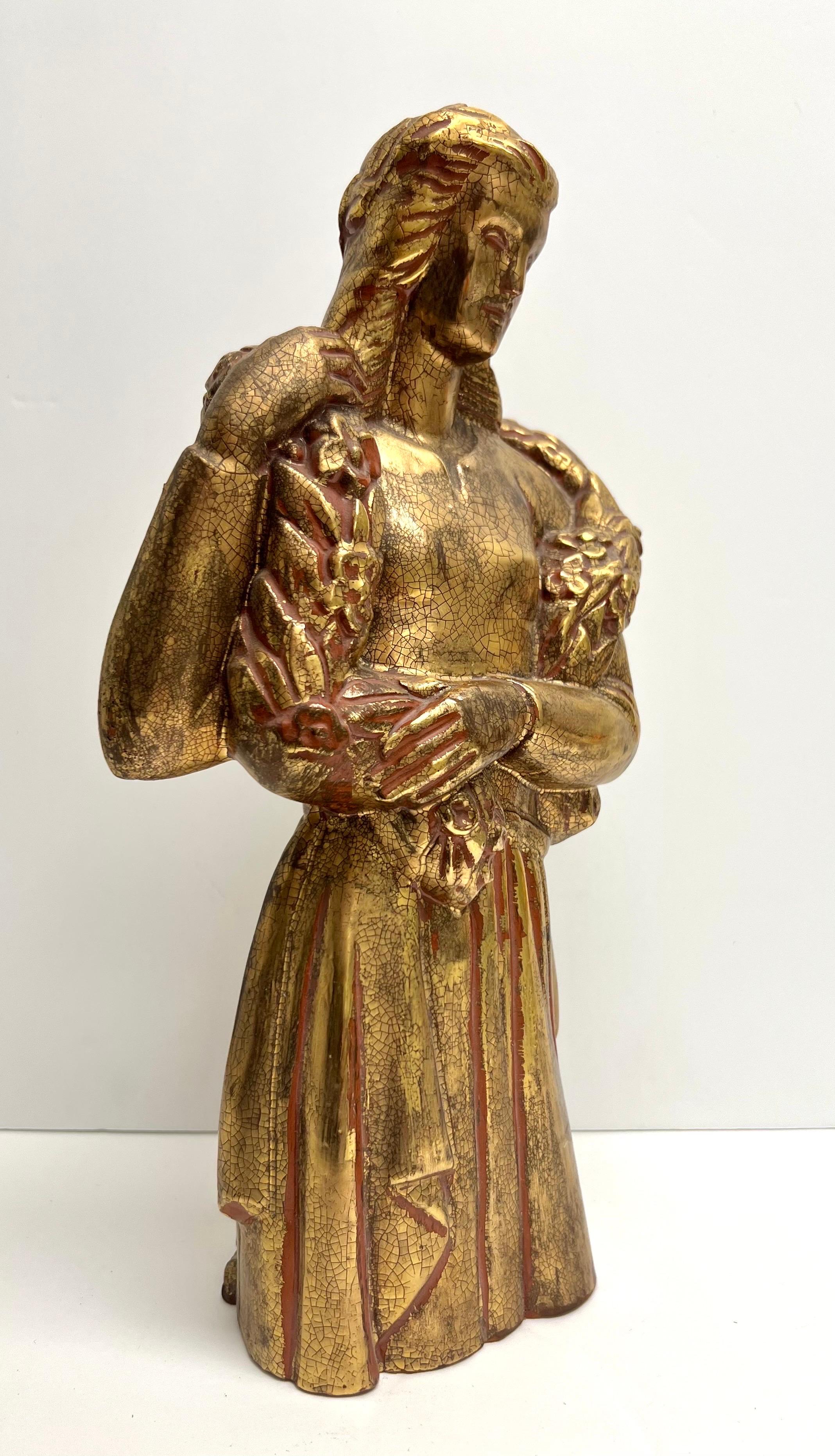 Art Deco Gilt Terracotta Sculpture of Girl with Garland In Good Condition For Sale In Miami, FL
