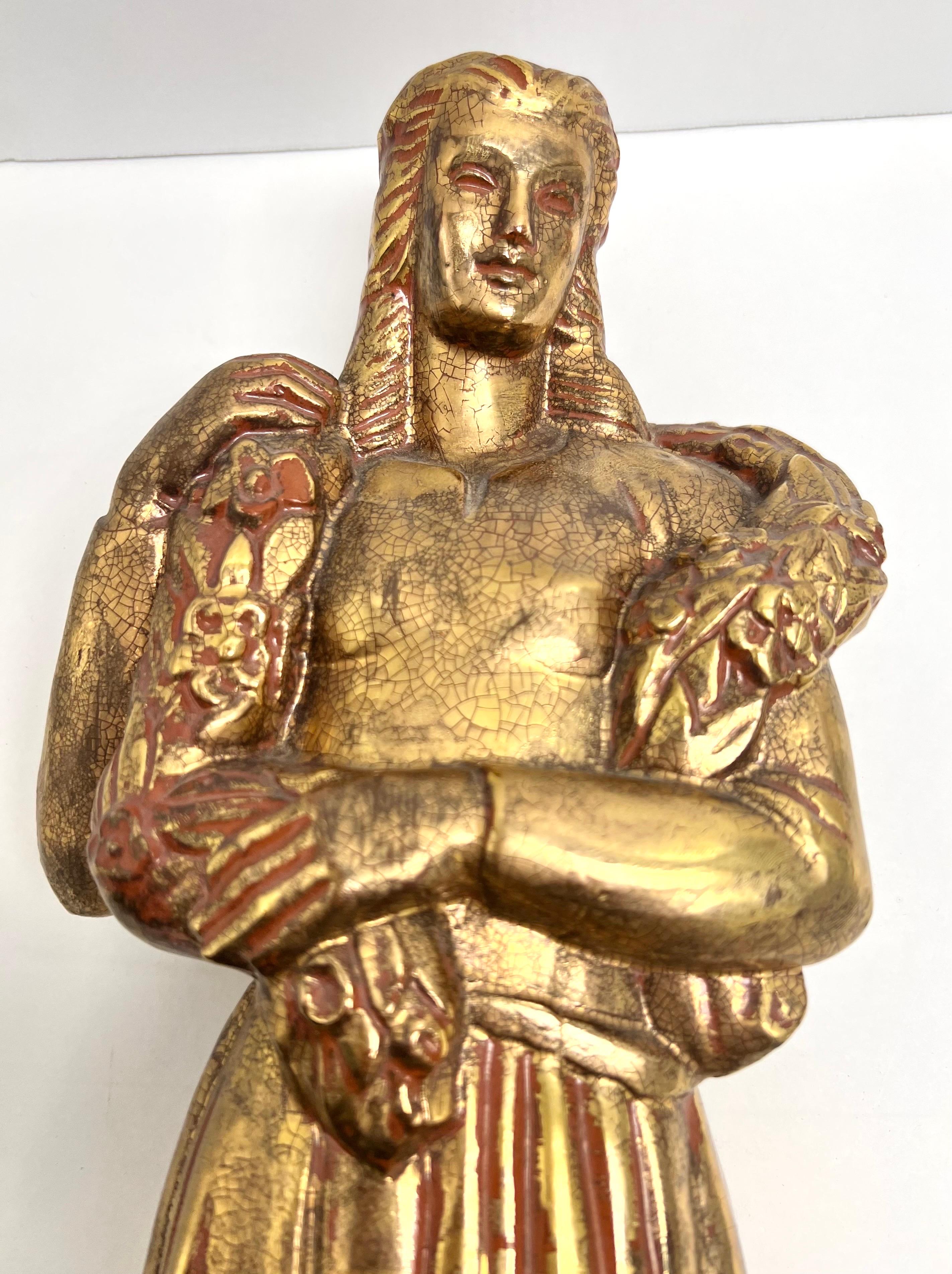 Art Deco Gilt Terracotta Sculpture of Girl with Garland For Sale 2