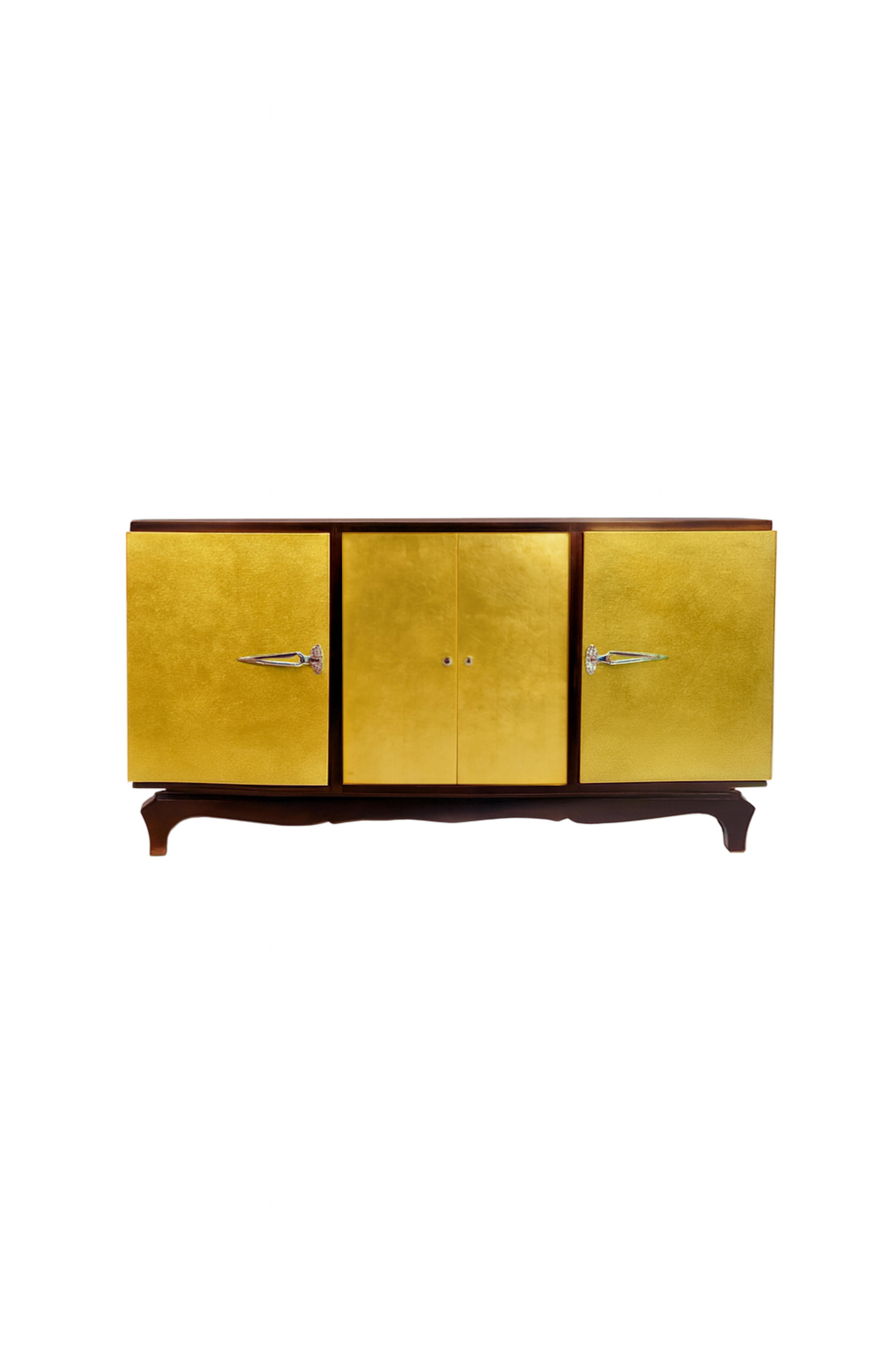 Brass Art Deco Gilt Walnut Credenza , 20th Century For Sale