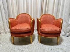 Art Deco Giltwood and Painted Silk Armchairs, Pair