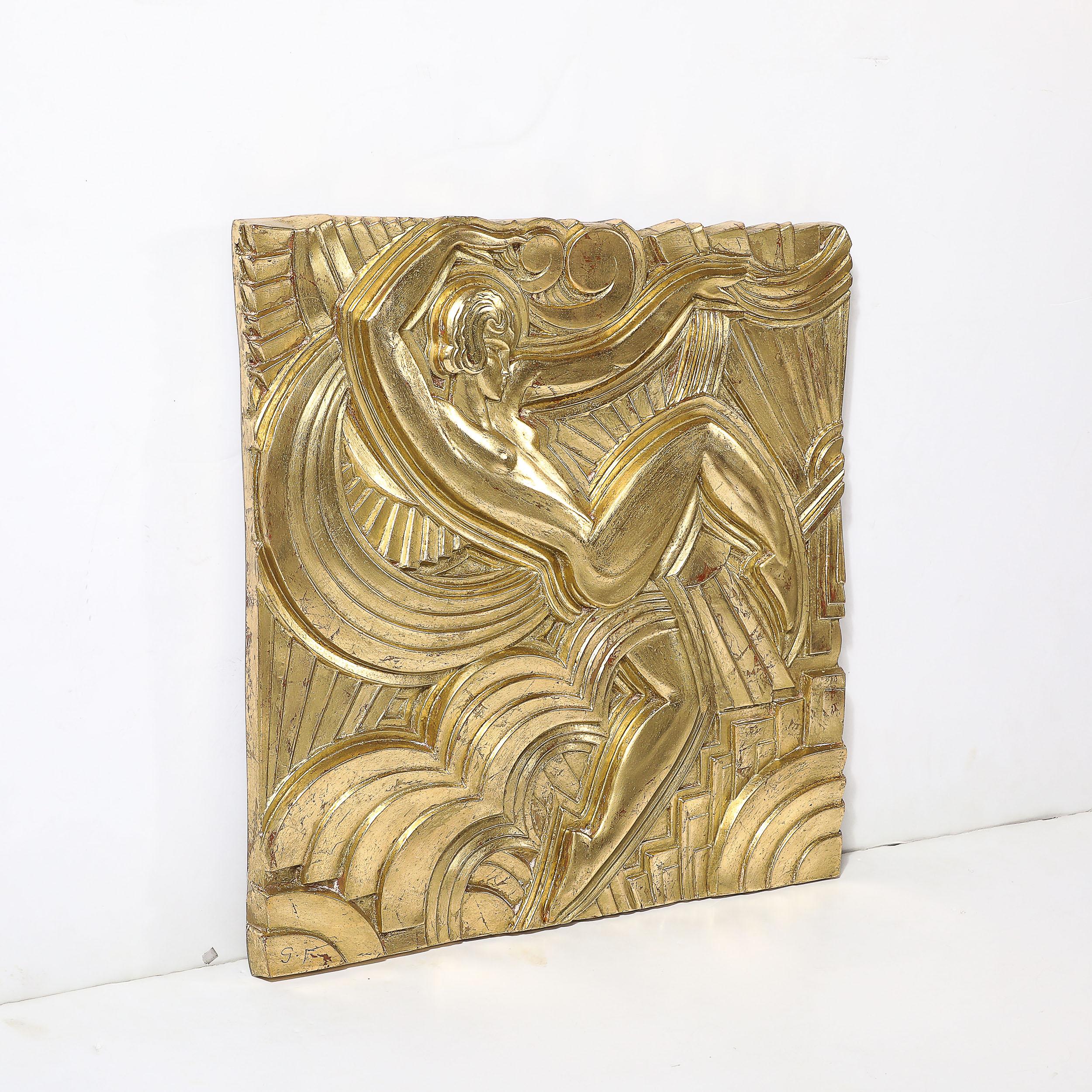 French Art Deco Giltwood 'Folies Bergere' Flapper Dancer Plaque by Maurice Picaud For Sale