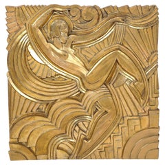 Art Deco Giltwood 'Folies Bergere' Flapper Dancer Plaque by Maurice Picaud