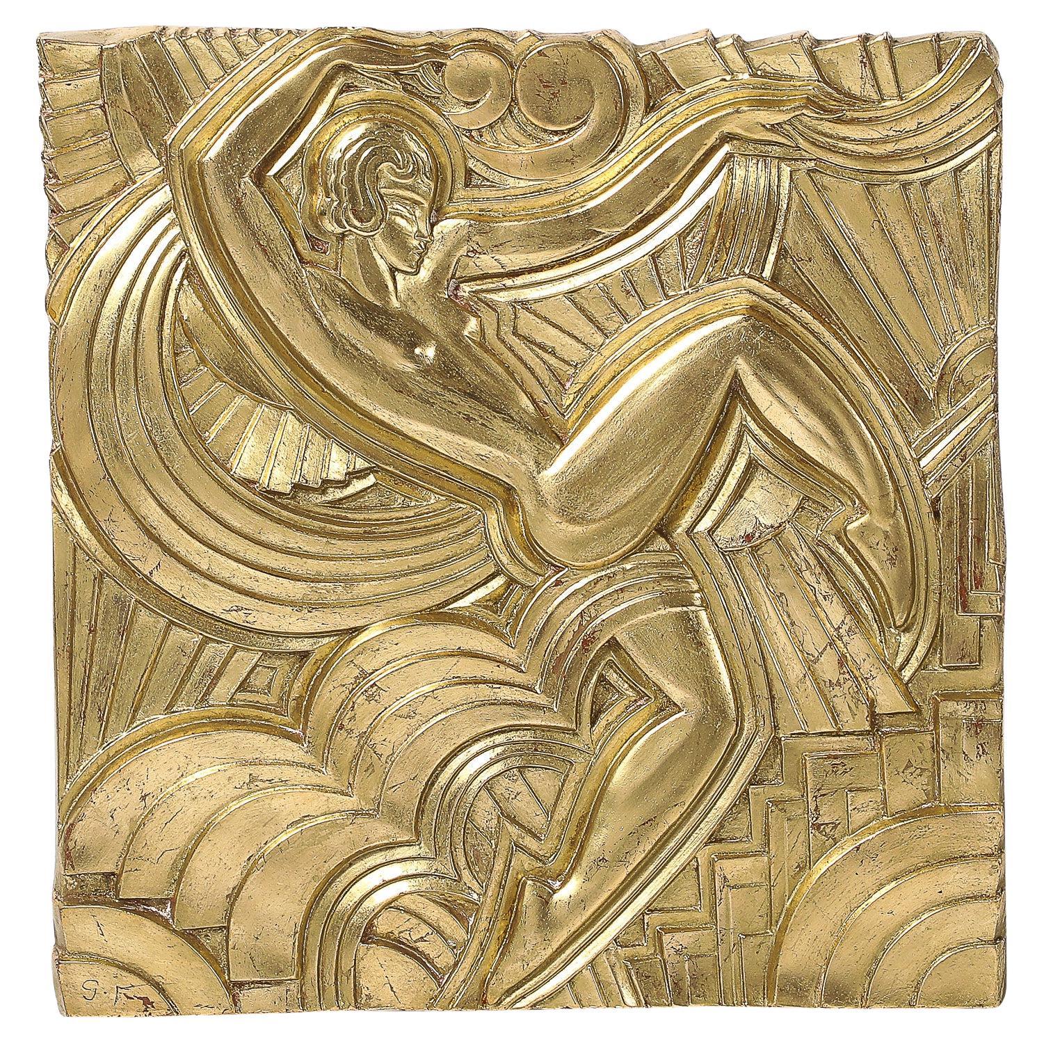 Art Deco Giltwood 'Folies Bergere' Flapper Dancer Plaque by Maurice Picaud For Sale