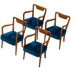 Art-Déco-Set aus vier Gio-Ponti-Esszimmerstühlen aus Teakholz mit blauem Bezug