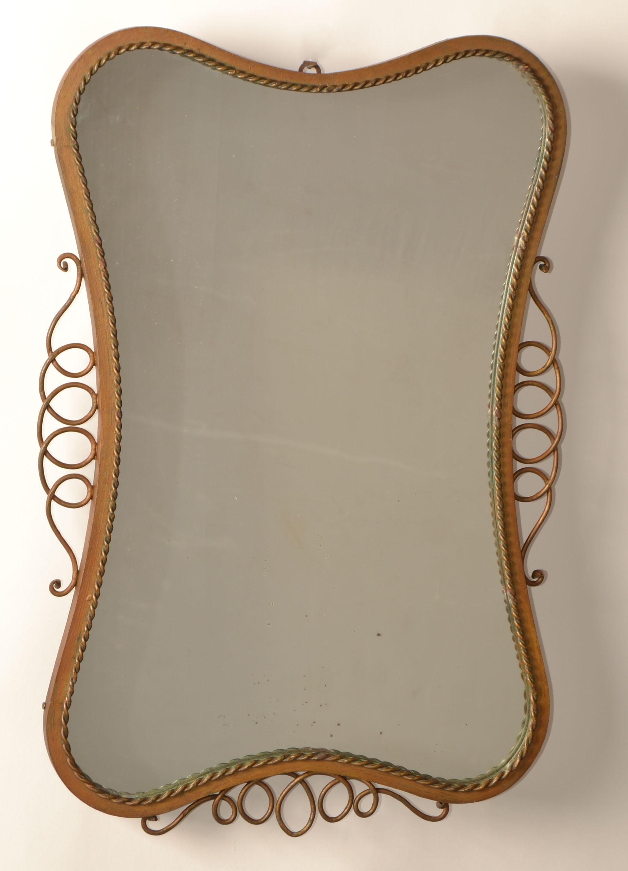 italien Miroir décoré de vagues en laiton Art Déco Gio Ponti Italie 1940 similaire Buffa en vente