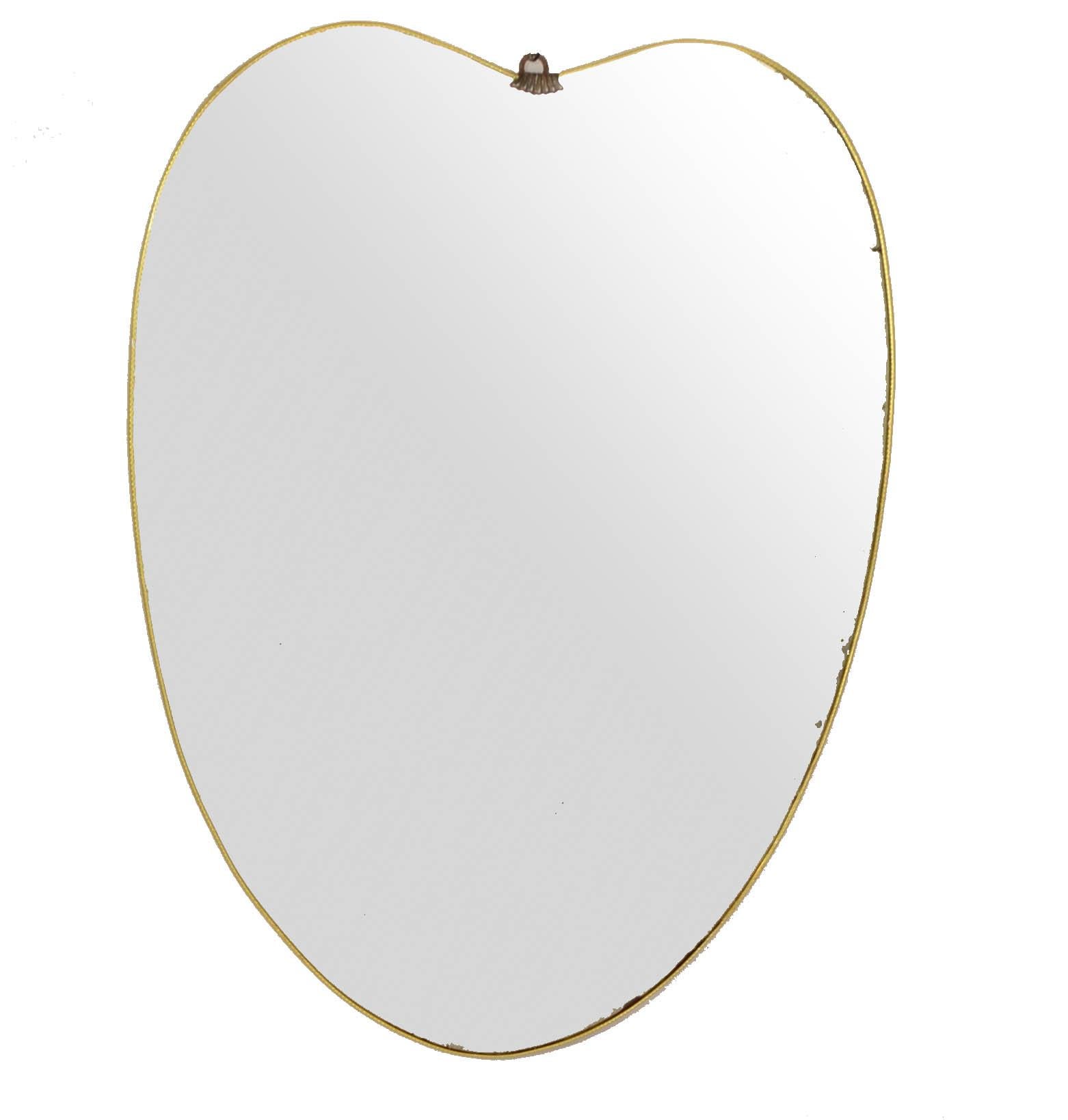 Hand-Crafted Art Deco Gio Ponti Style Brass Wood Heart Wall Mirror Italy 1950 Similar Buffa For Sale