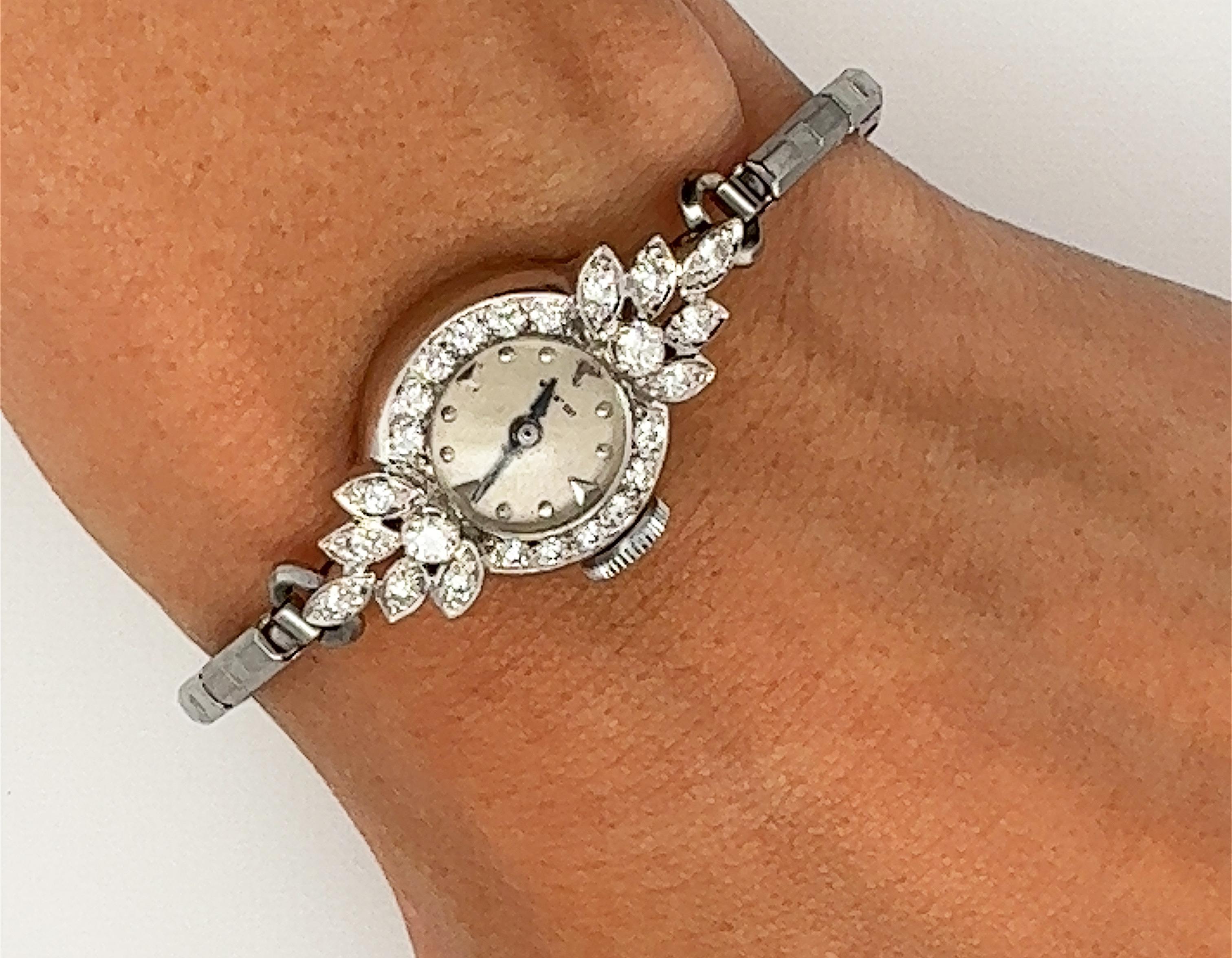 Round Cut Art Deco Girard Perregaux .60ct Diamond 14k Ladies Wrist Watch Original 1940s