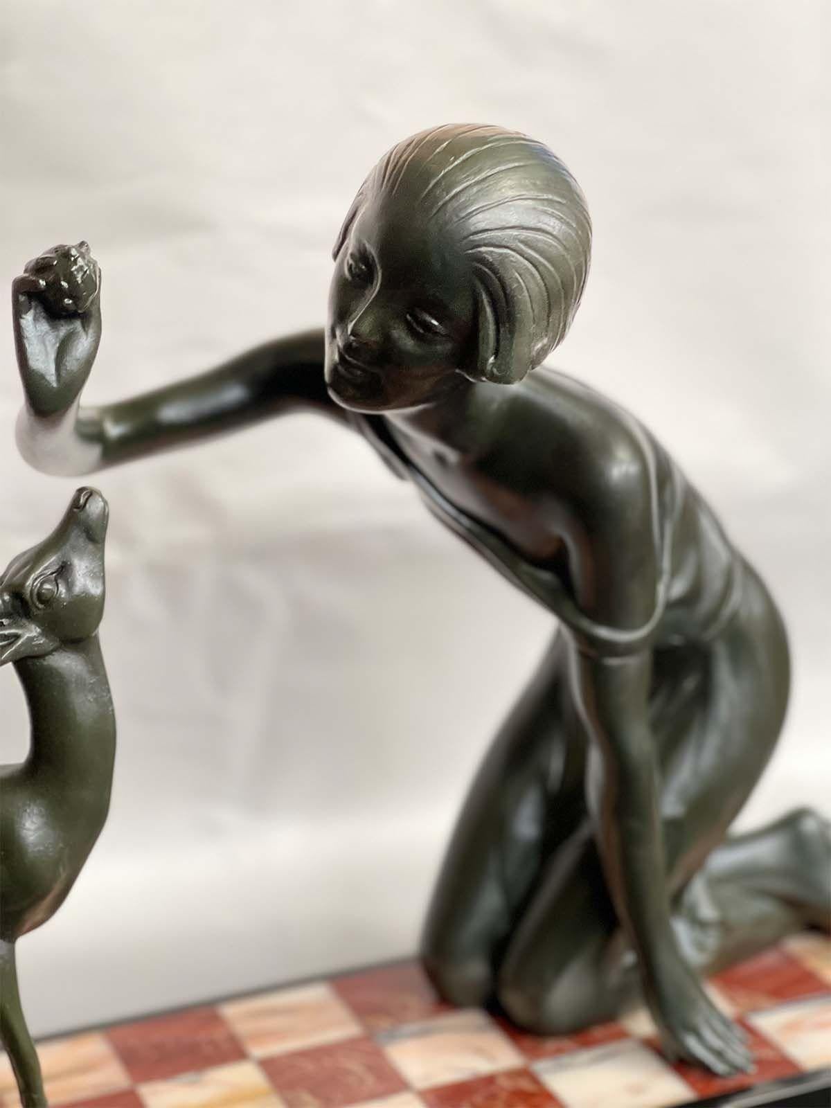 French Art Deco Girl Figure with Faun by P. Sega For Sale