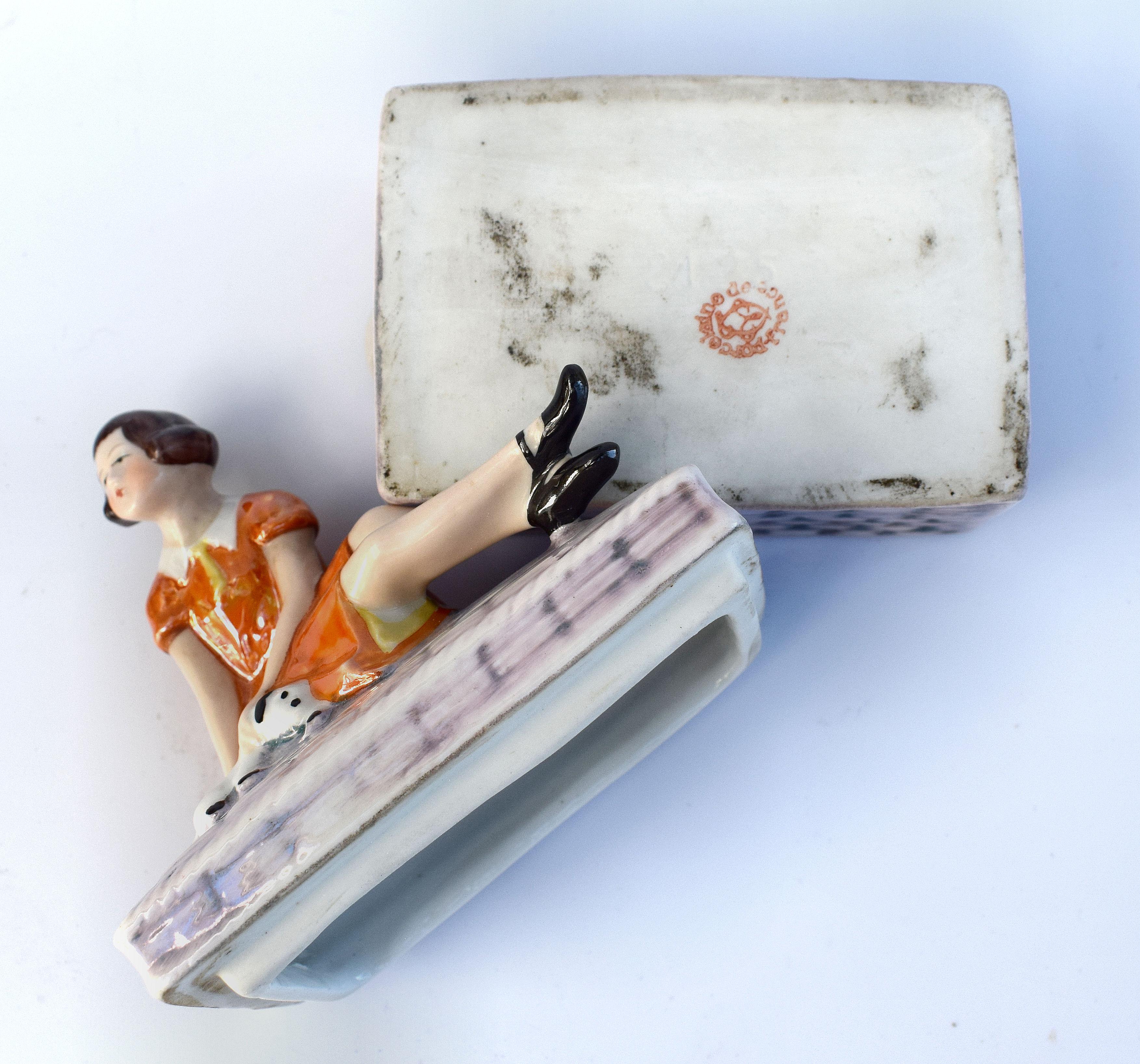 European Art Deco Girl and Puppy Dog Trinket Box, circa 1930s For Sale