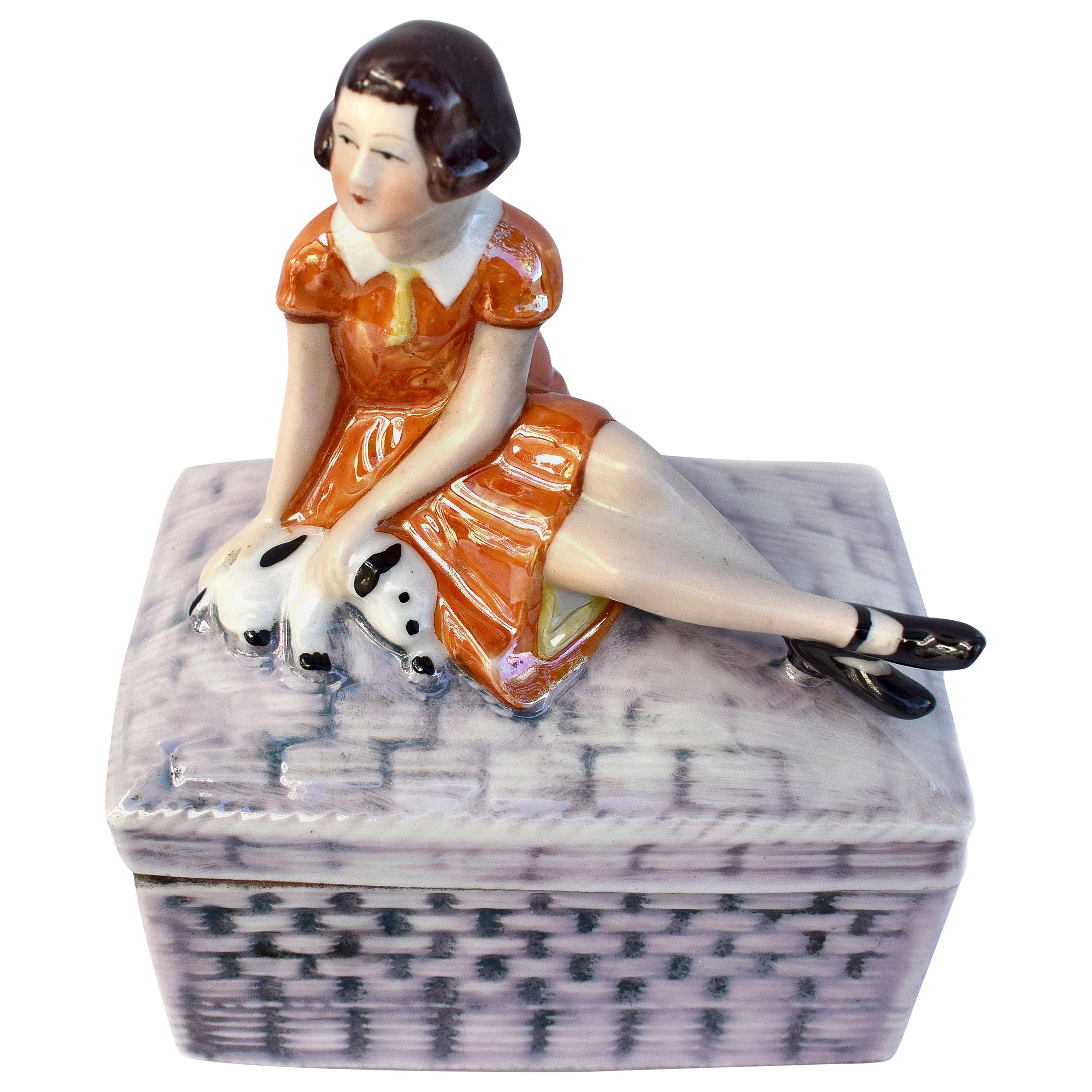 Art Deco Girl and Puppy Dog Trinket Box, circa 1930s For Sale