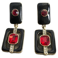 Vintage Art Deco Glam Dangle Earrings in Black Enamel and Red Ruby Crystal Lever-Pierced
