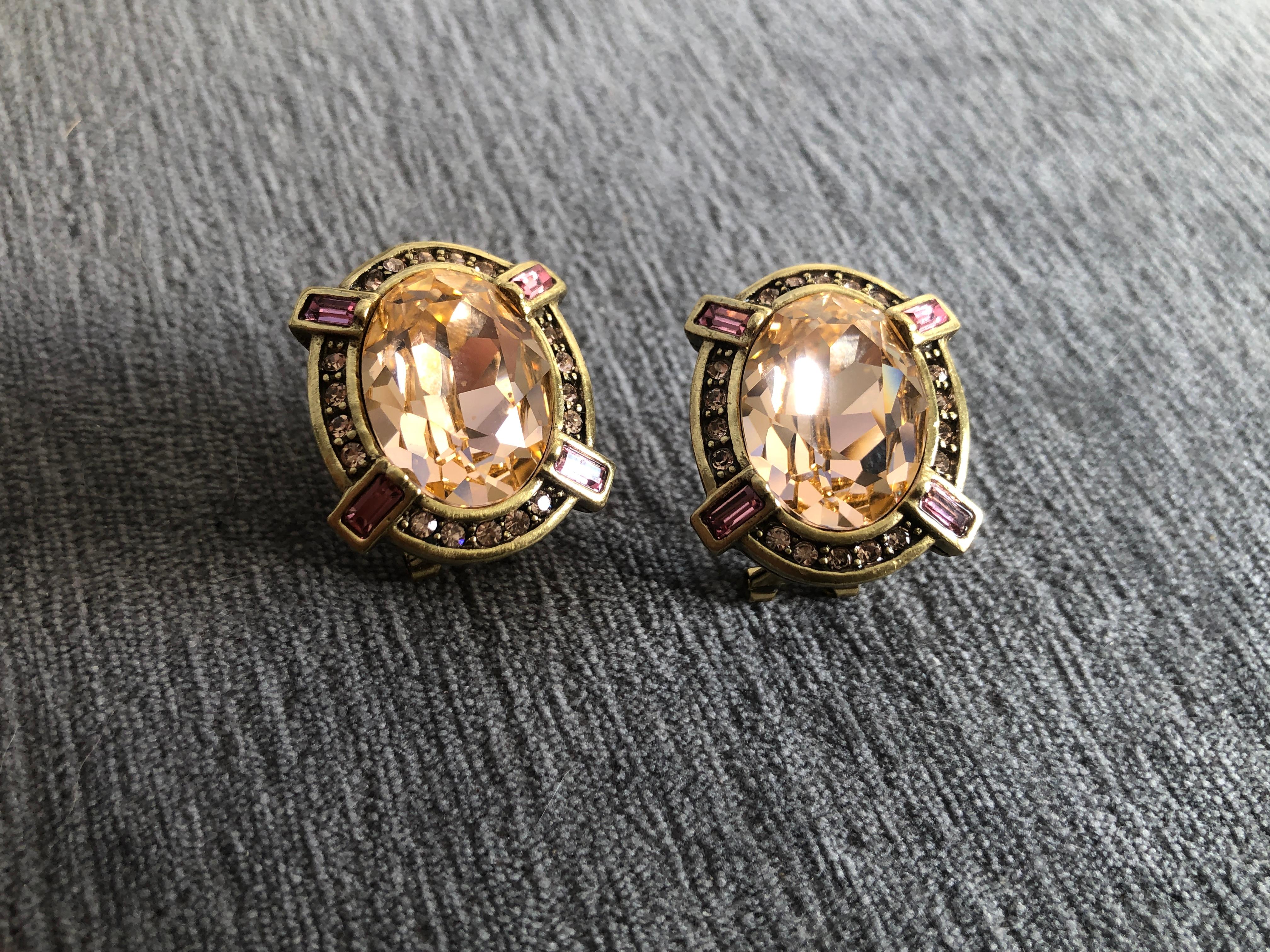 Art Deco Glamorous Blush & Pink Oval Crystal Earrings by Heidi Daus Lever Pieced In Good Condition For Sale In Palm Springs, CA