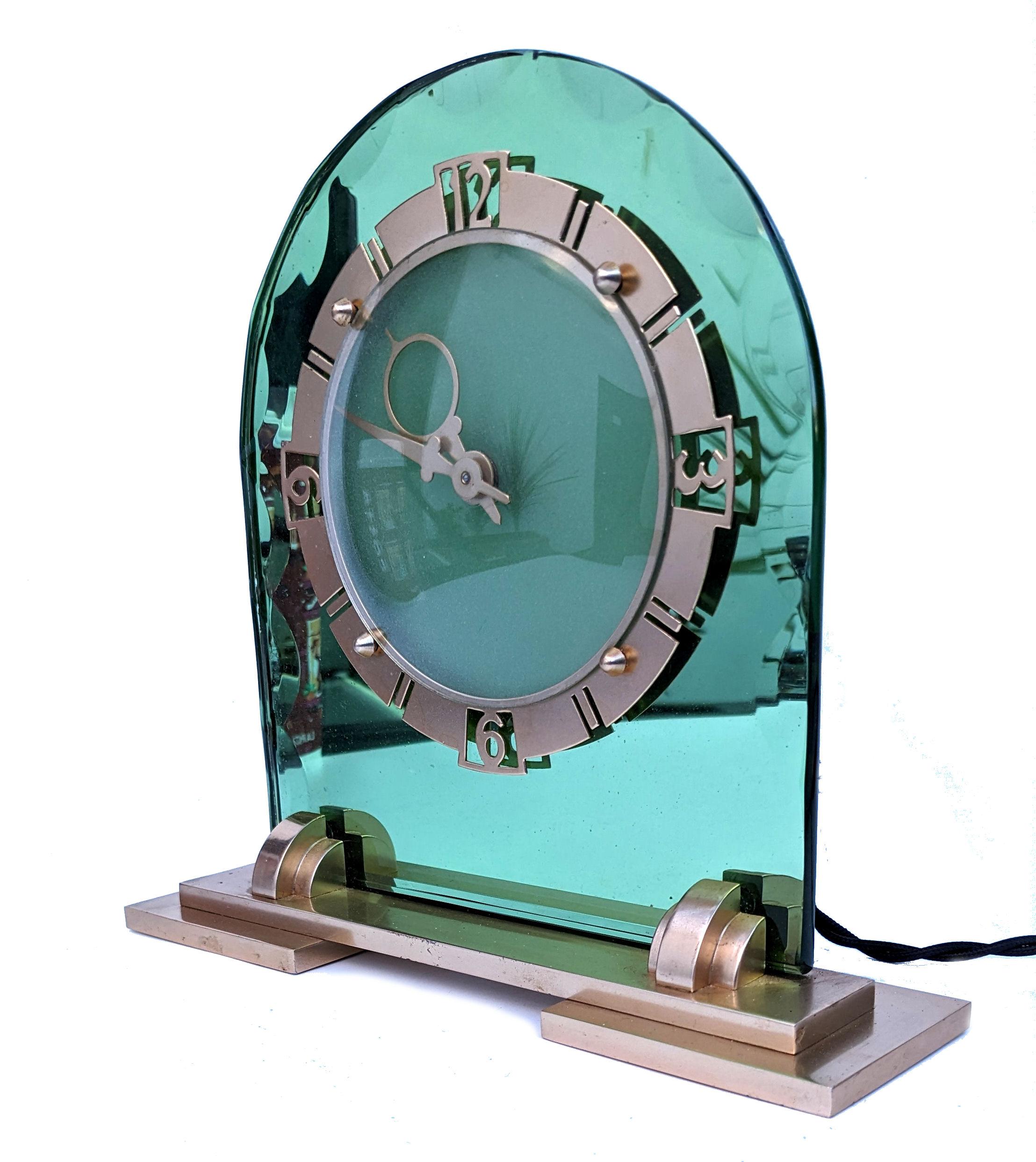 20th Century Art Deco Glamourous Green Mirror & Brass Clock, English, c1930 For Sale