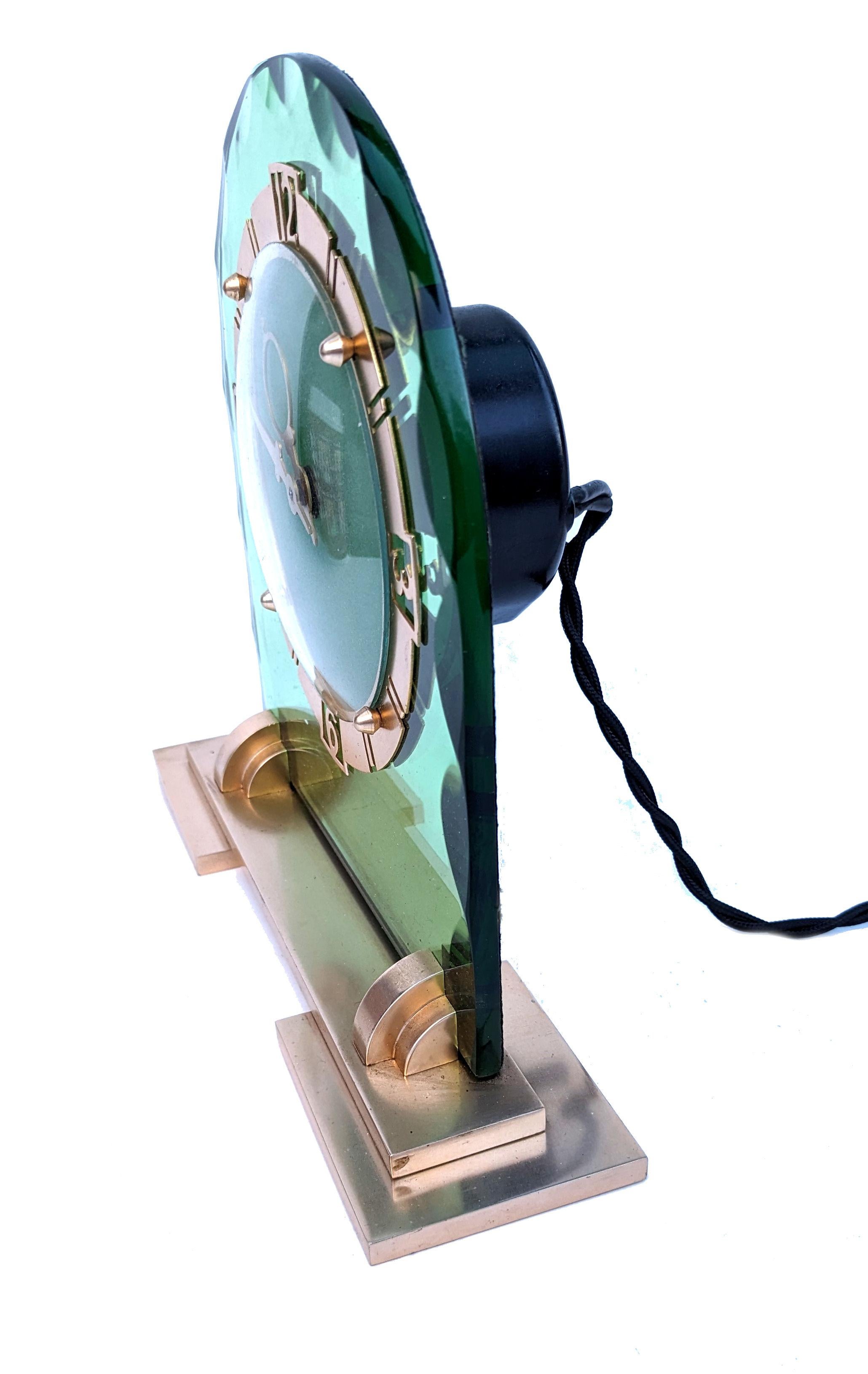 Art Deco Glamourous Green Mirror & Brass Clock, English, c1930 For Sale 2