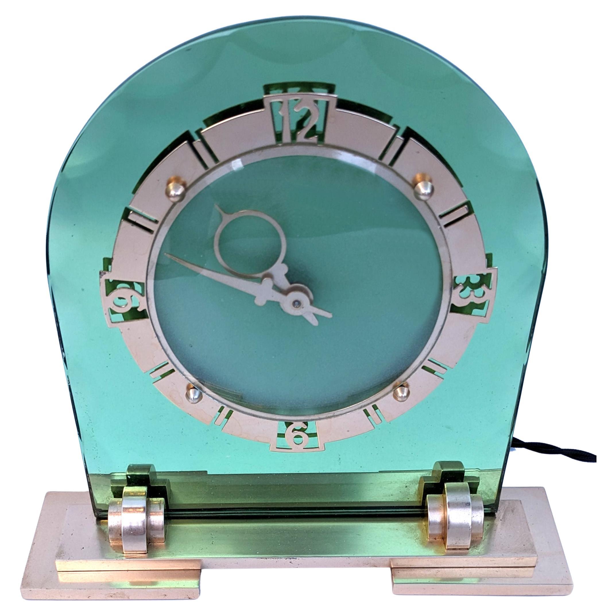 Art Deco Glamourous Green Mirror & Brass Clock, English, c1930