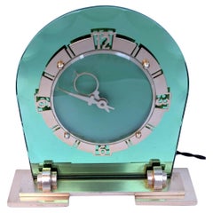 Used Art Deco Glamourous Green Mirror & Brass Clock, English, c1930