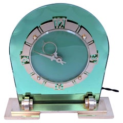 Art Deco Glamourous Green Mirror & Brass Clock, English, c1930
