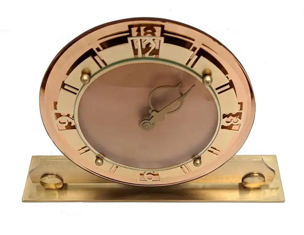 Brass Art Deco Glamourous  Mechanical 8 Day Mirror Clock,  English, c1930s For Sale