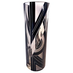 Art Deco Glass and Black Enamel Etched Vase