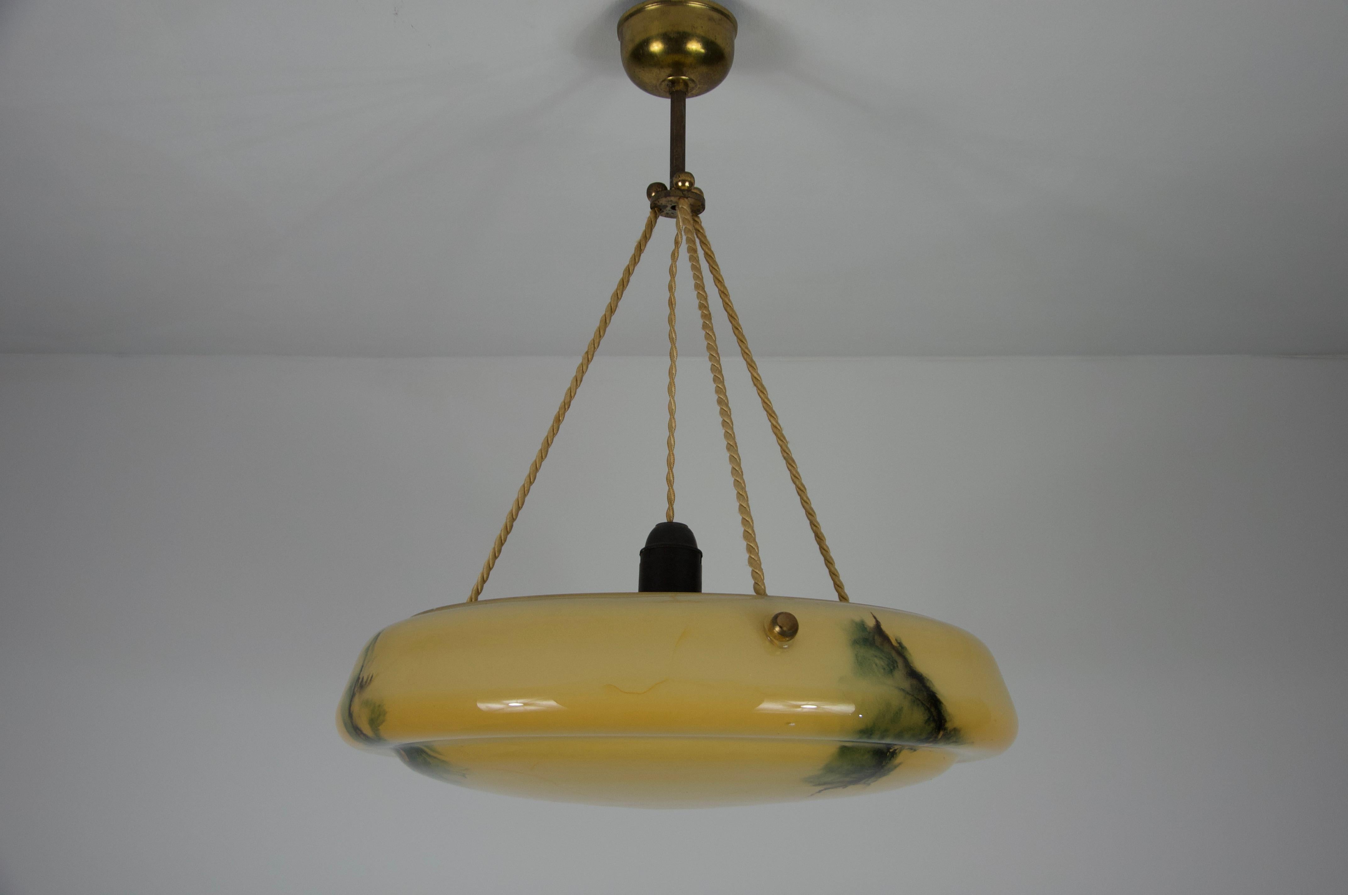 Mid-Century Modern Art Deco Glass and Brass Ceiling Lamp, 1930s, Germany For Sale