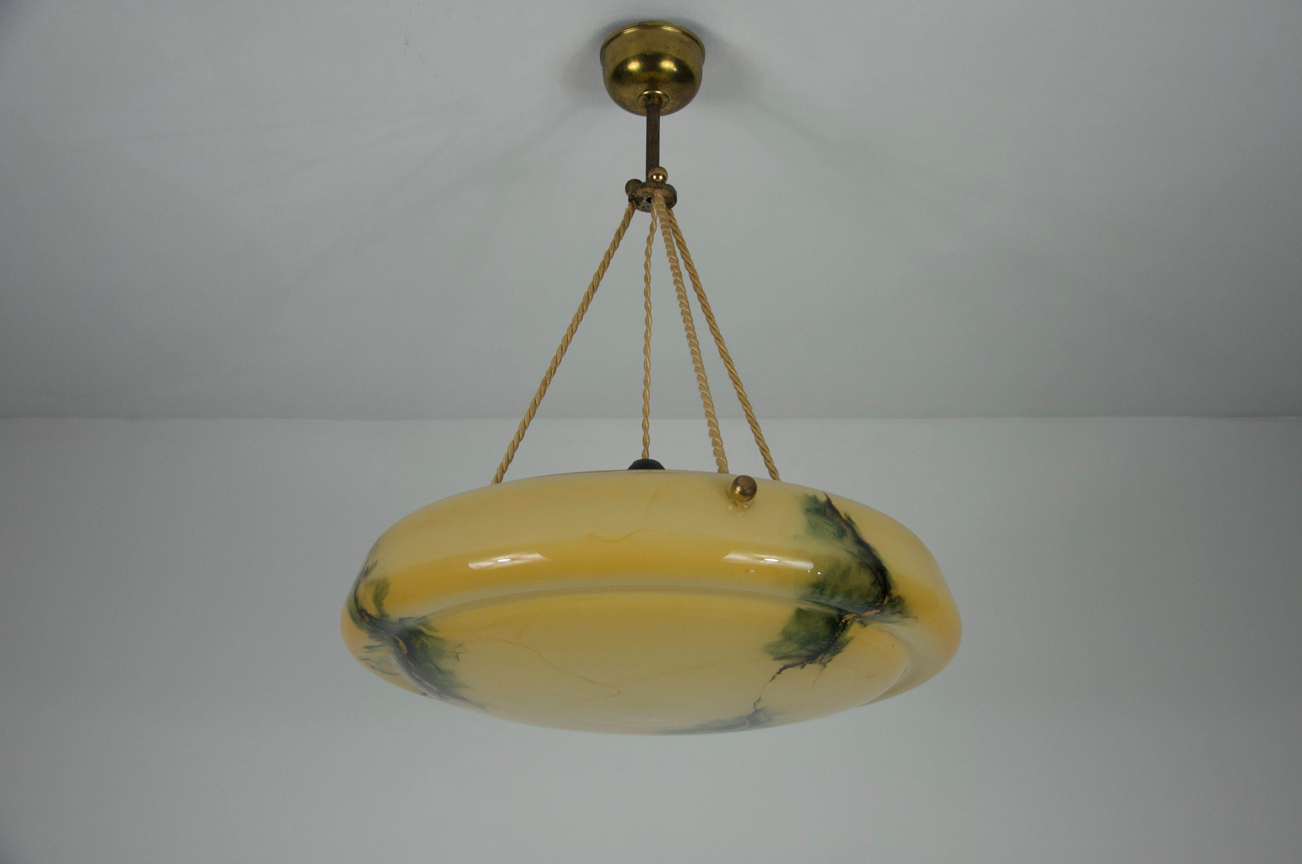 Mid-20th Century Art Deco Glass and Brass Ceiling Lamp, 1930s, Germany For Sale