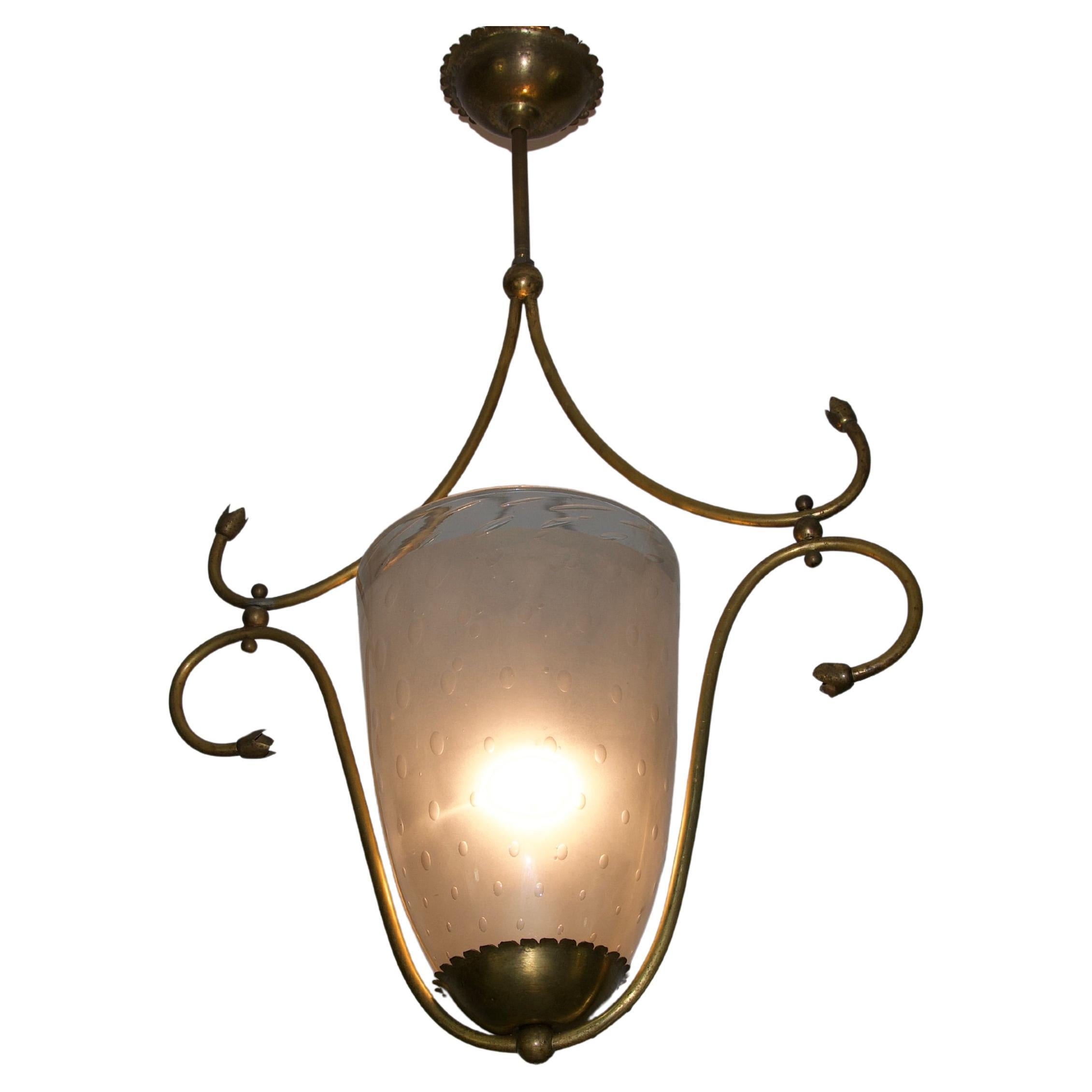 Lampada da soffitto in vetro e ottone Art Deco, anni
30, Italia